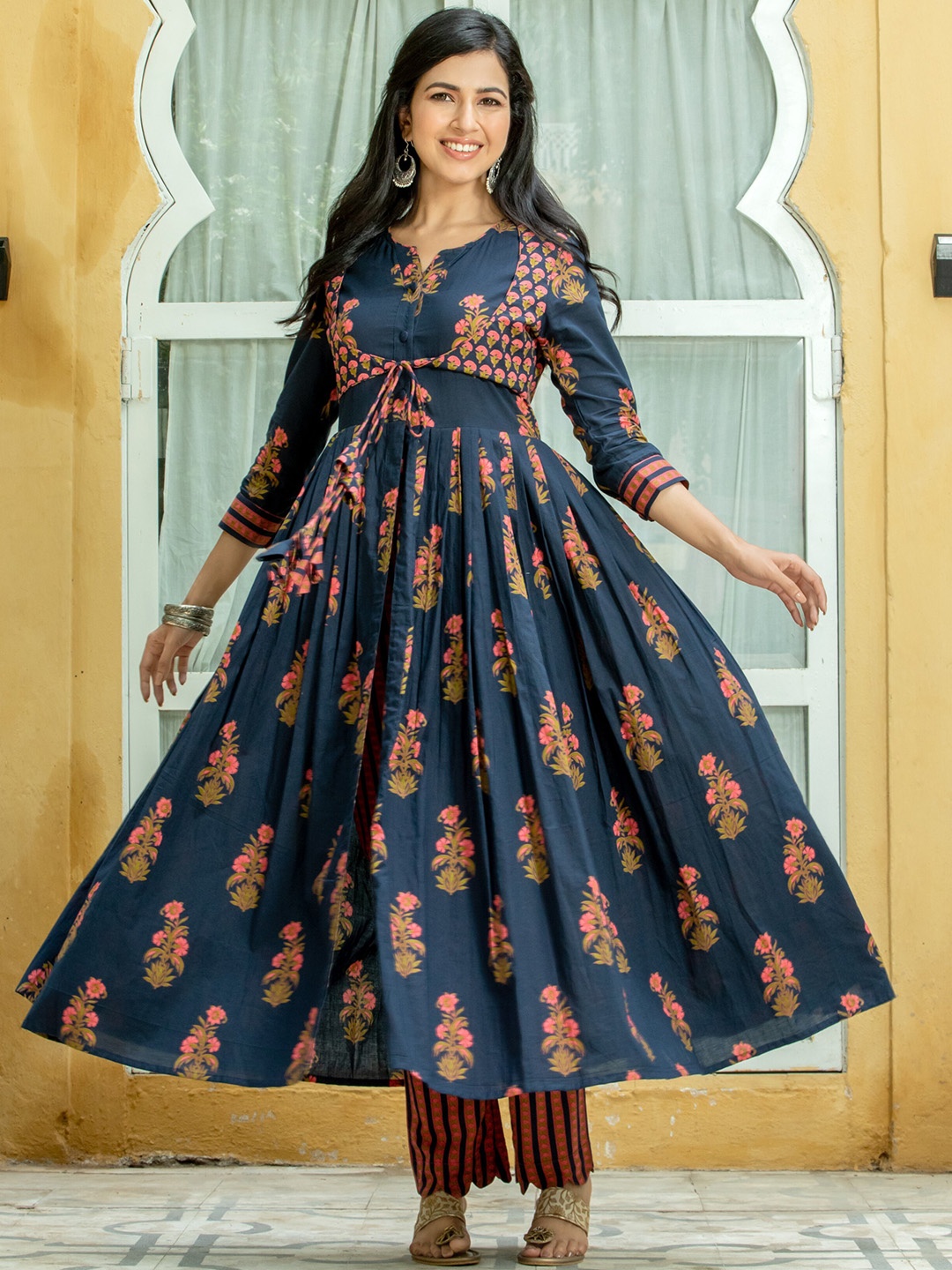 

Kohsh Floral Printed Pleated Anarkali Pure Cotton Kurta With Trousers, Blue