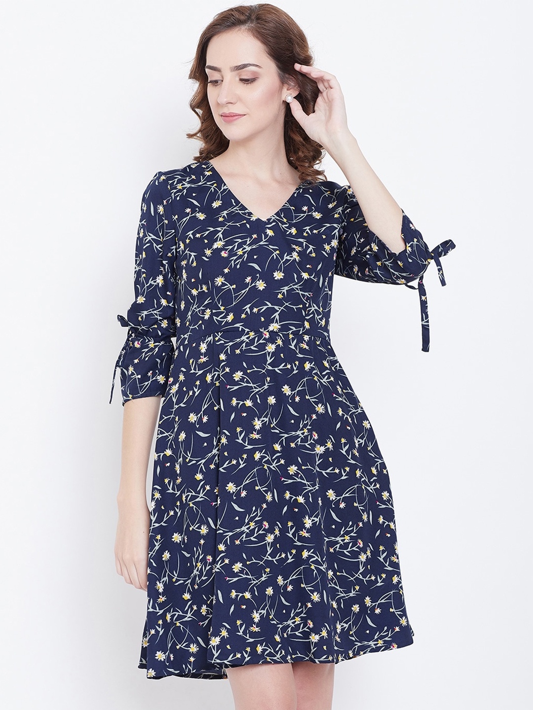 

DODO & MOA Floral Printed V-Neck Fit & Flare Dress, Navy blue