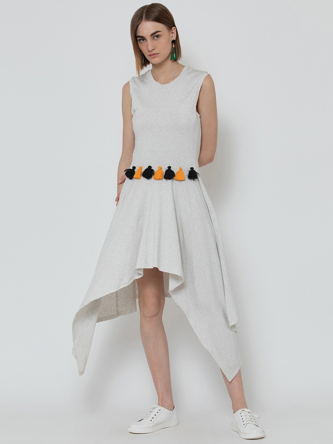 DODO & MOA Round Neck Asymmetric Fit & Flare Midi Dress, Grey