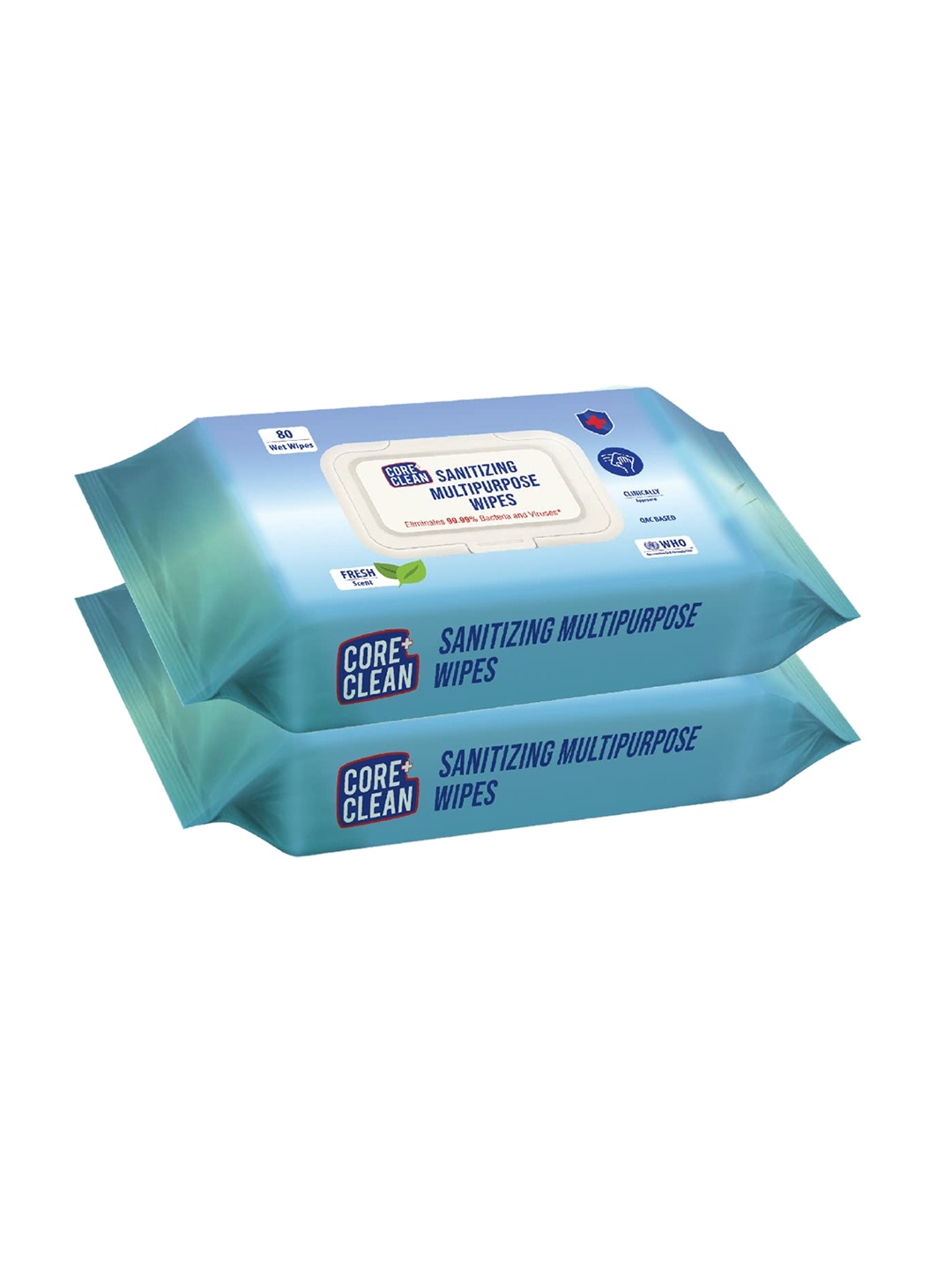 

CORE CLEAN Set of 2 Sanitizing Multipurpose Wipes - 100 Wet Wipes Each Pack, White