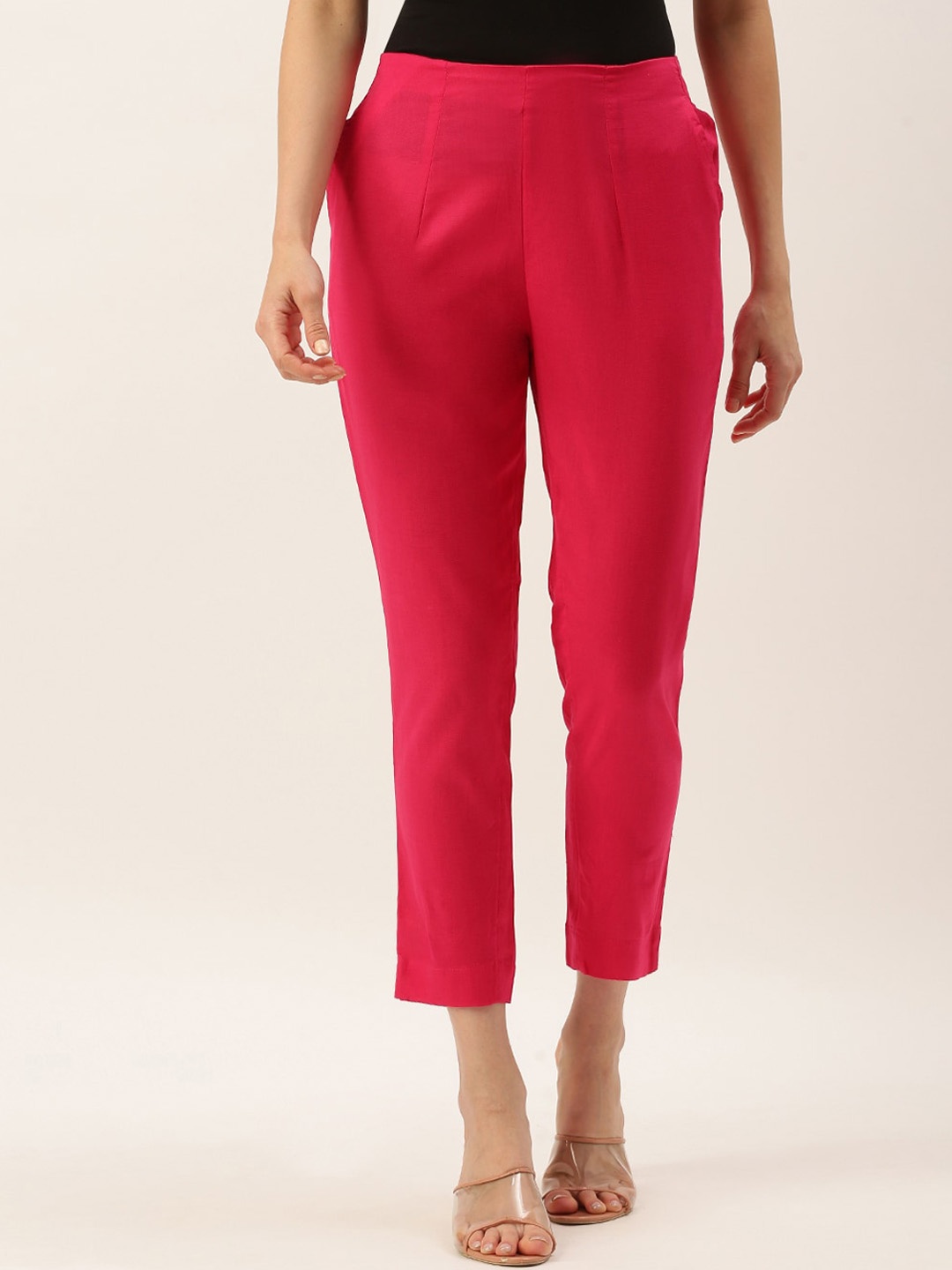 

De Moza Women Cotton Slim Fit Cigarette Trousers, Pink