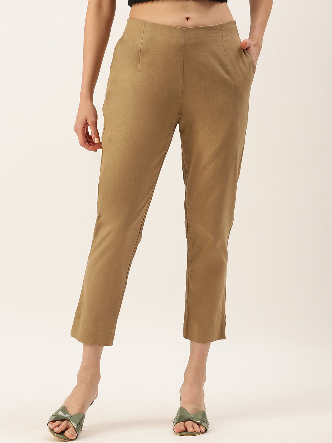 

De Moza Women Slim Fit Cotton Cropped Cigarette Trousers, Beige