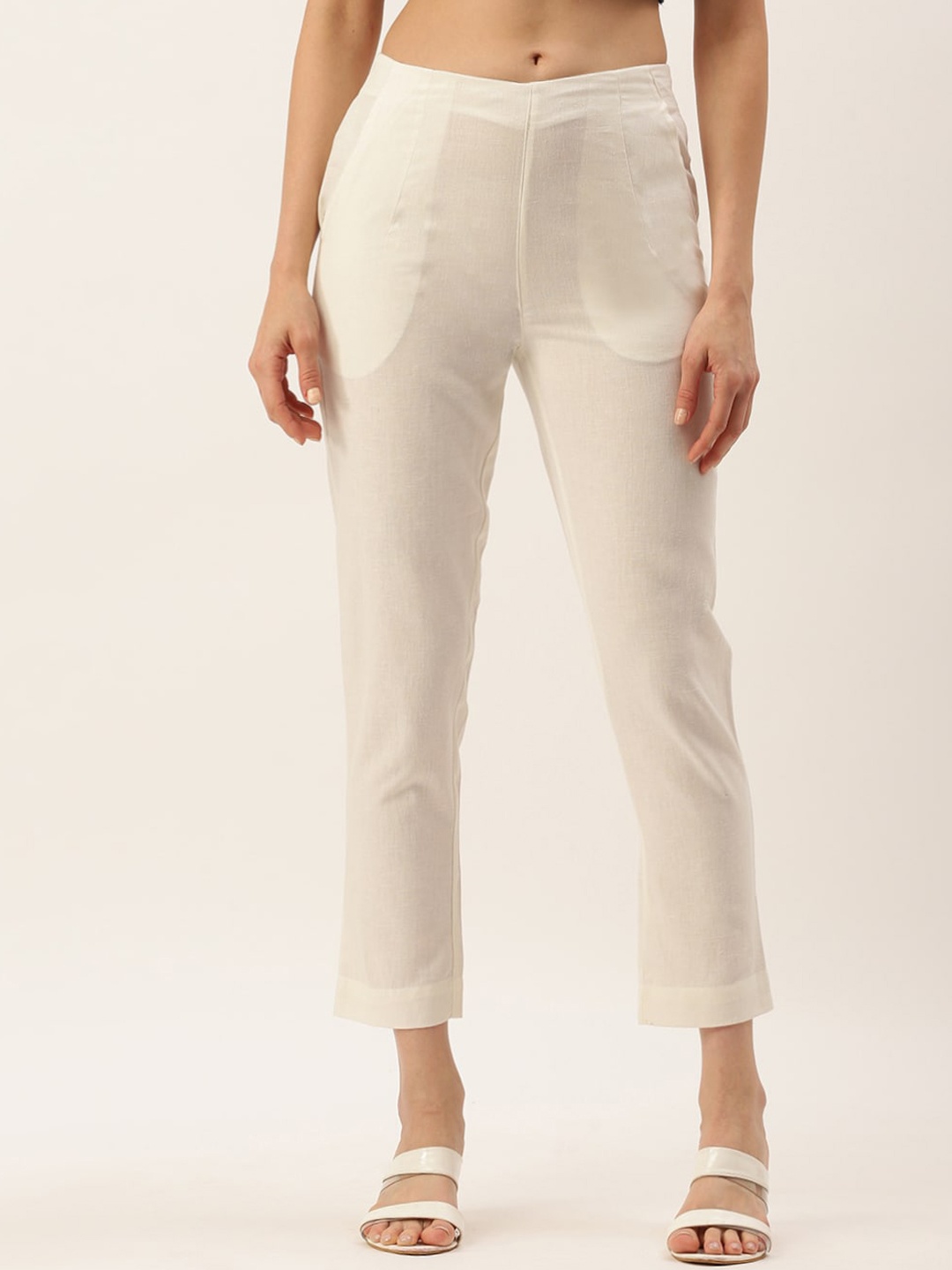 

De Moza Women Slim Fit Cotton Cropped Cigarette Trousers, Off white