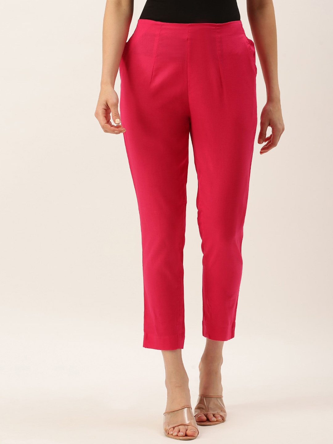 

De Moza Women Slim Fit Cotton Cropped Cigarette Trousers, Pink
