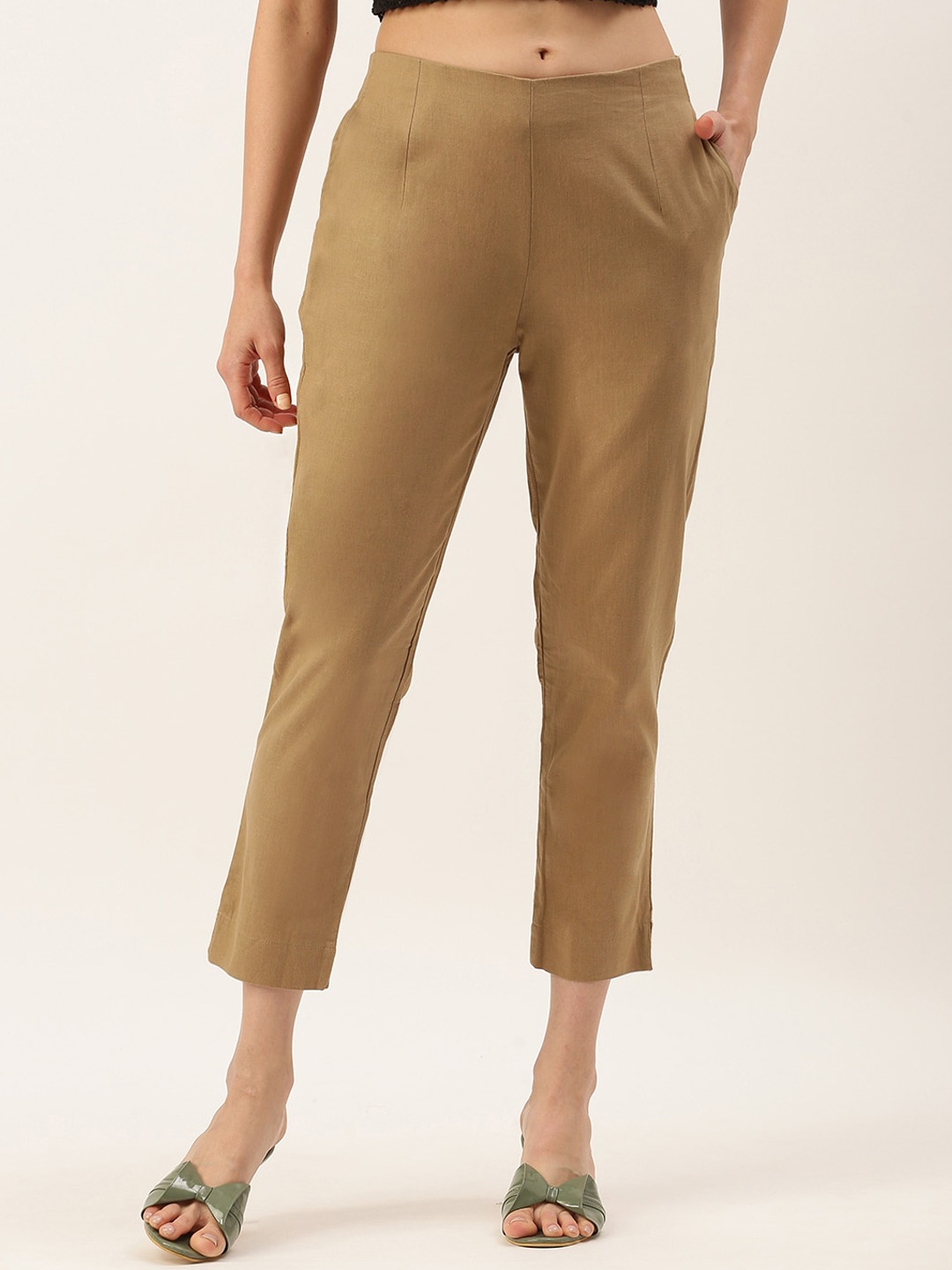 

De Moza Women Slim Fit Cotton Cropped Cigarette Trousers, Beige