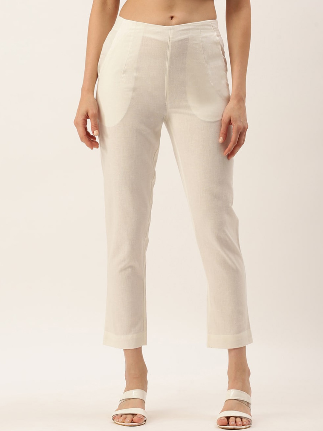 

De Moza Women Slim Fit Cotton Cropped Cigarette Trousers, Off white