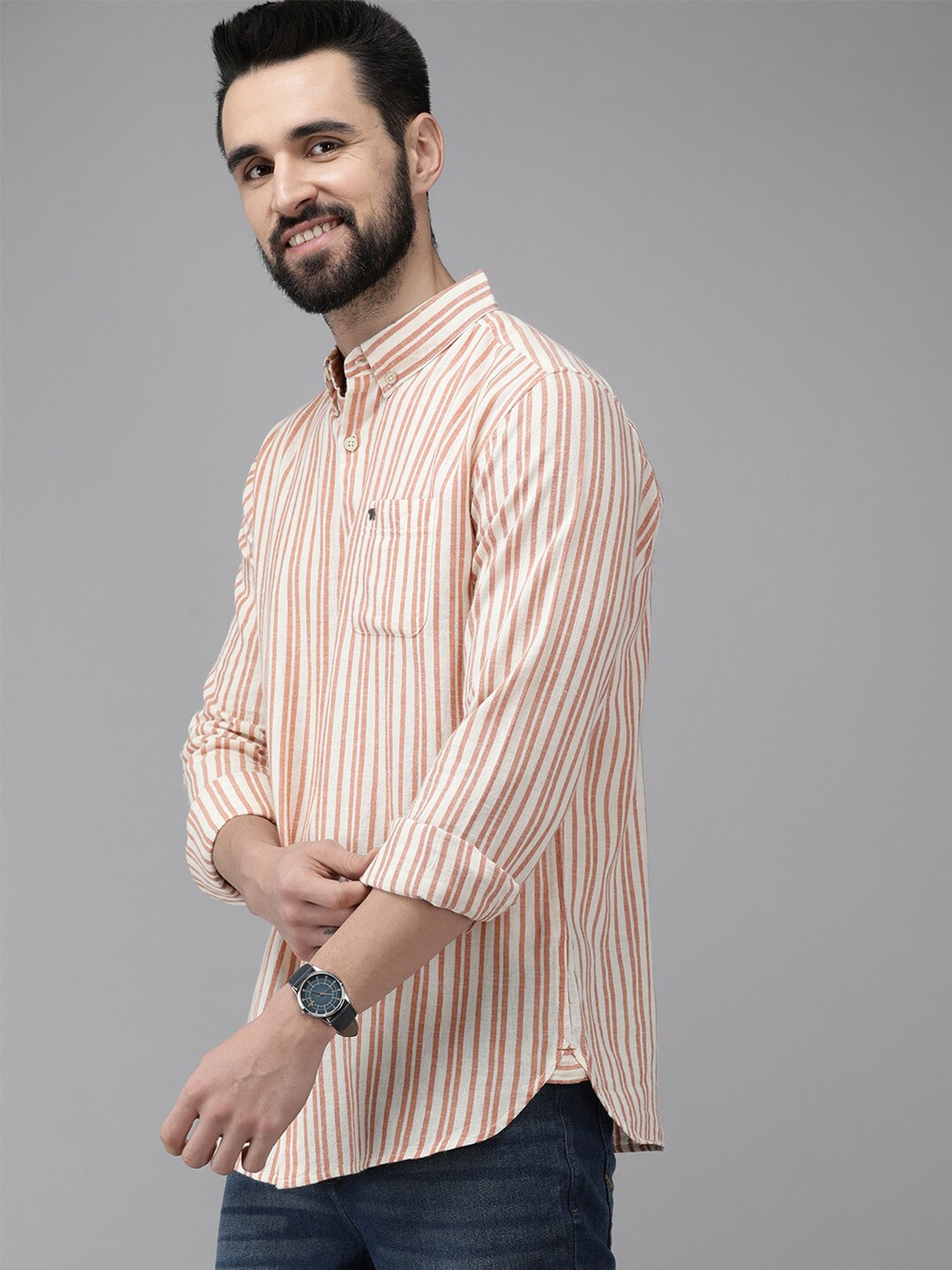 

THE BEAR HOUSE Slim Fit Vertical Stripes Striped Casual Shirt, Orange