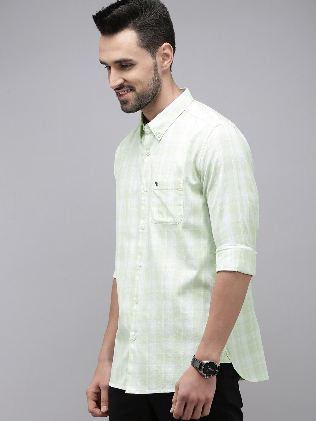 

THE BEAR HOUSE Slim Fit Tartan Checks Checked Pure Cotton Casual Shirt, Green