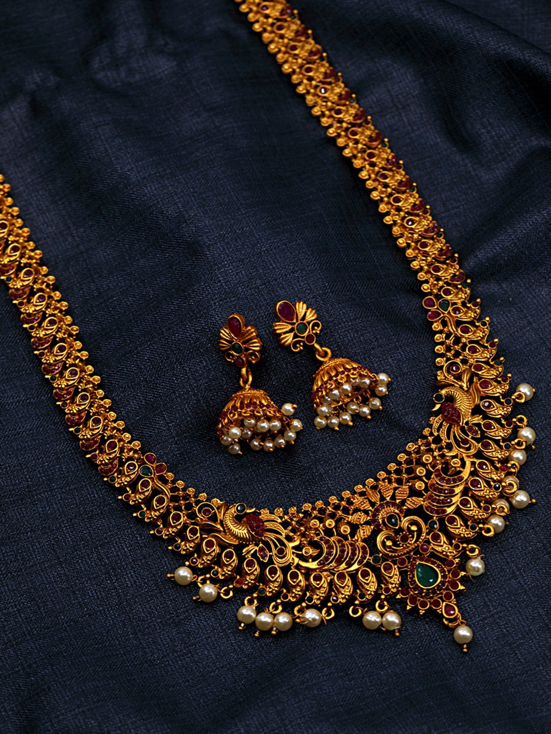 

Alamod Gold-Plated Peacock Designed Stone Studded & Beaded Jewellery Set, Multi