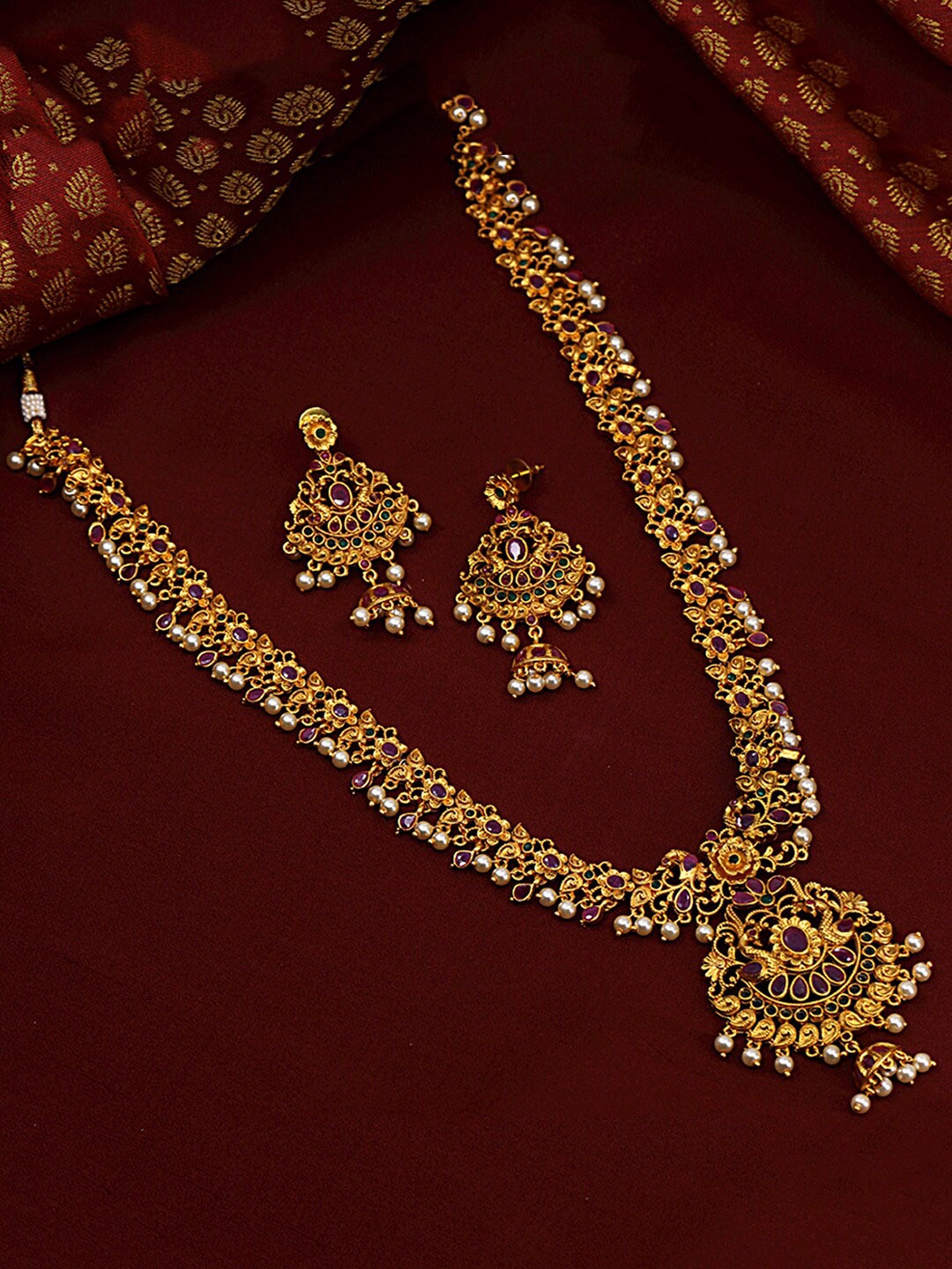

Alamod Gold-Plated Stone-Studded & Beaded Jewellery Set, Pink