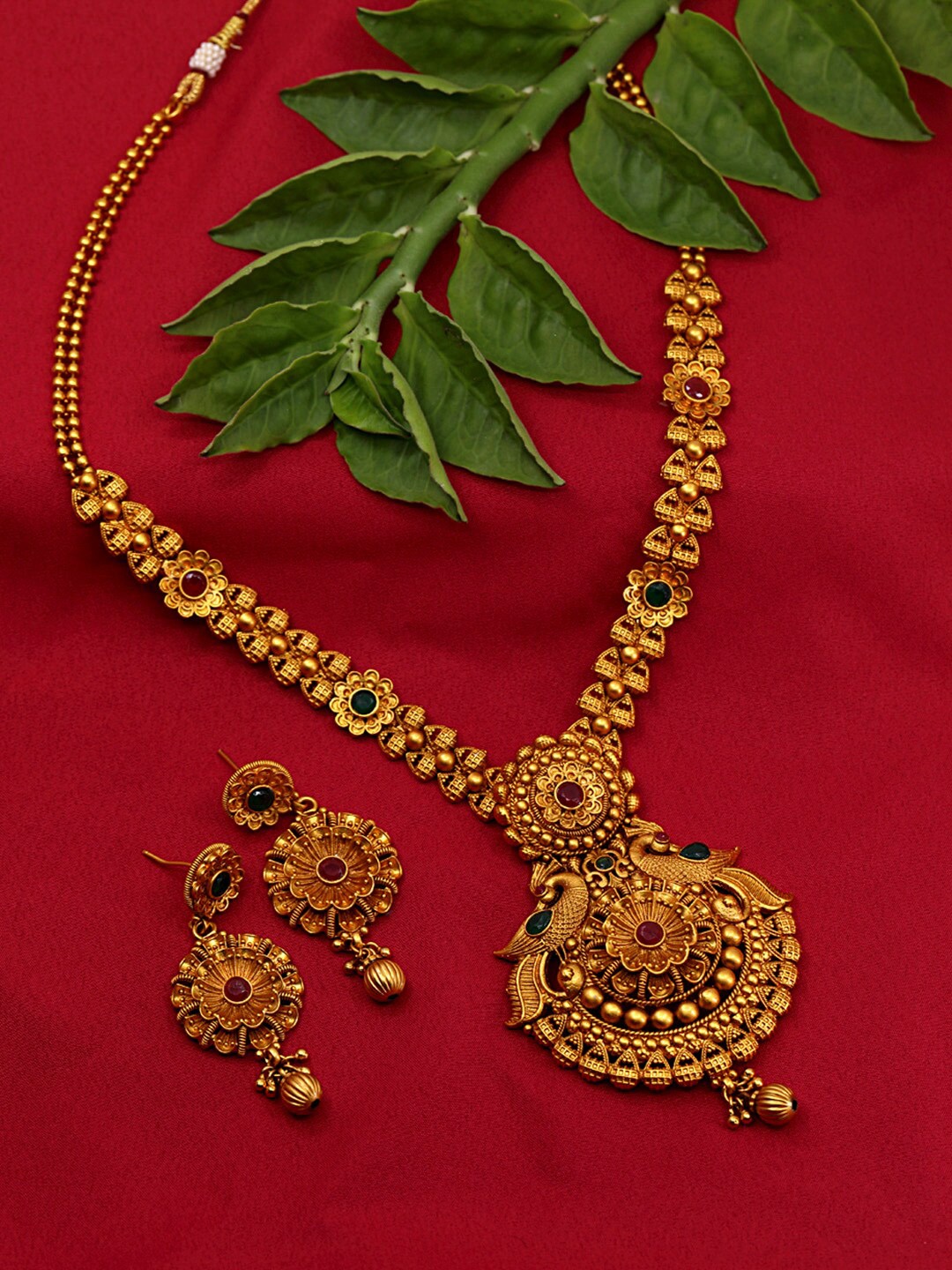 

Alamod Gold-Plated Stone-Studded Peacock Motif Detailed Brass Jewellery Set