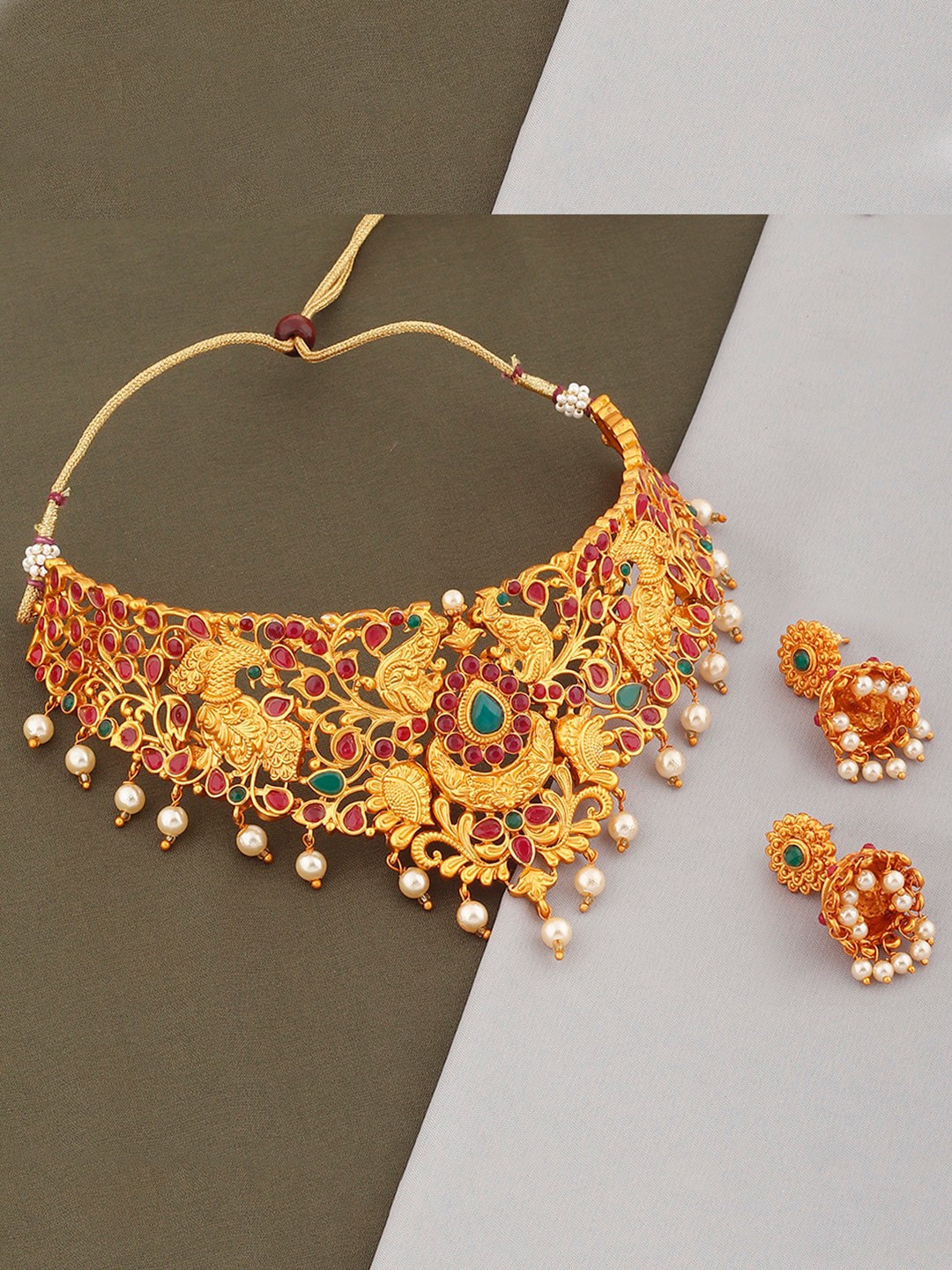 

Alamod Gold-Plated Stone-Studded & Artificial-Beaded Jewellery Set