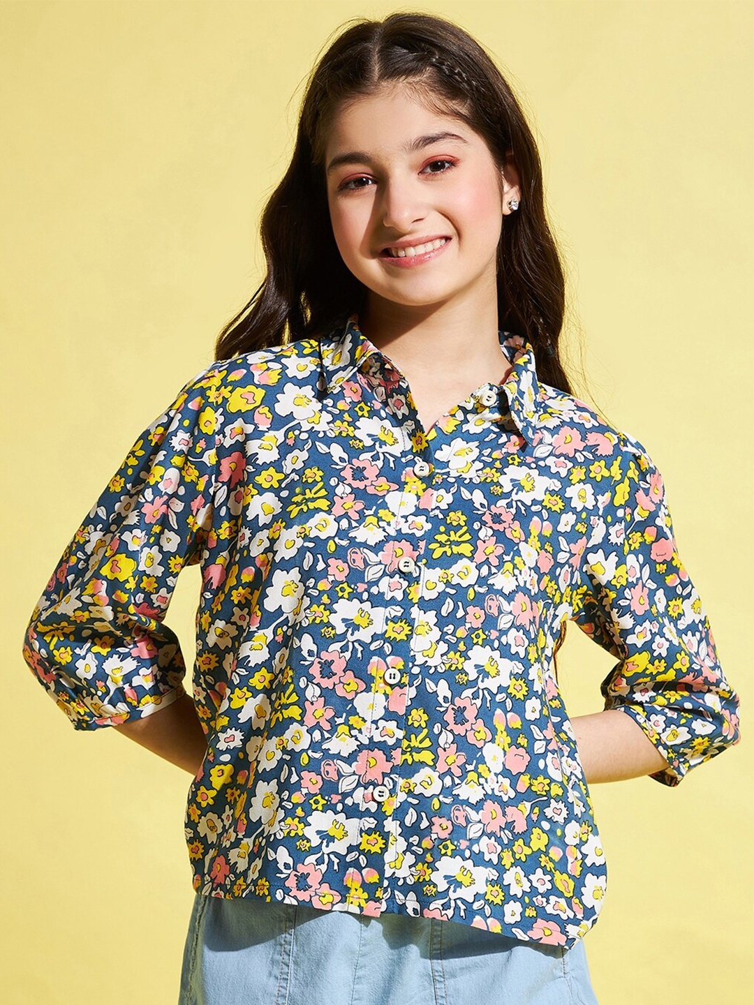 

Stylo Bug Girls Floral Printed Cotton Shirt Style Top, Blue