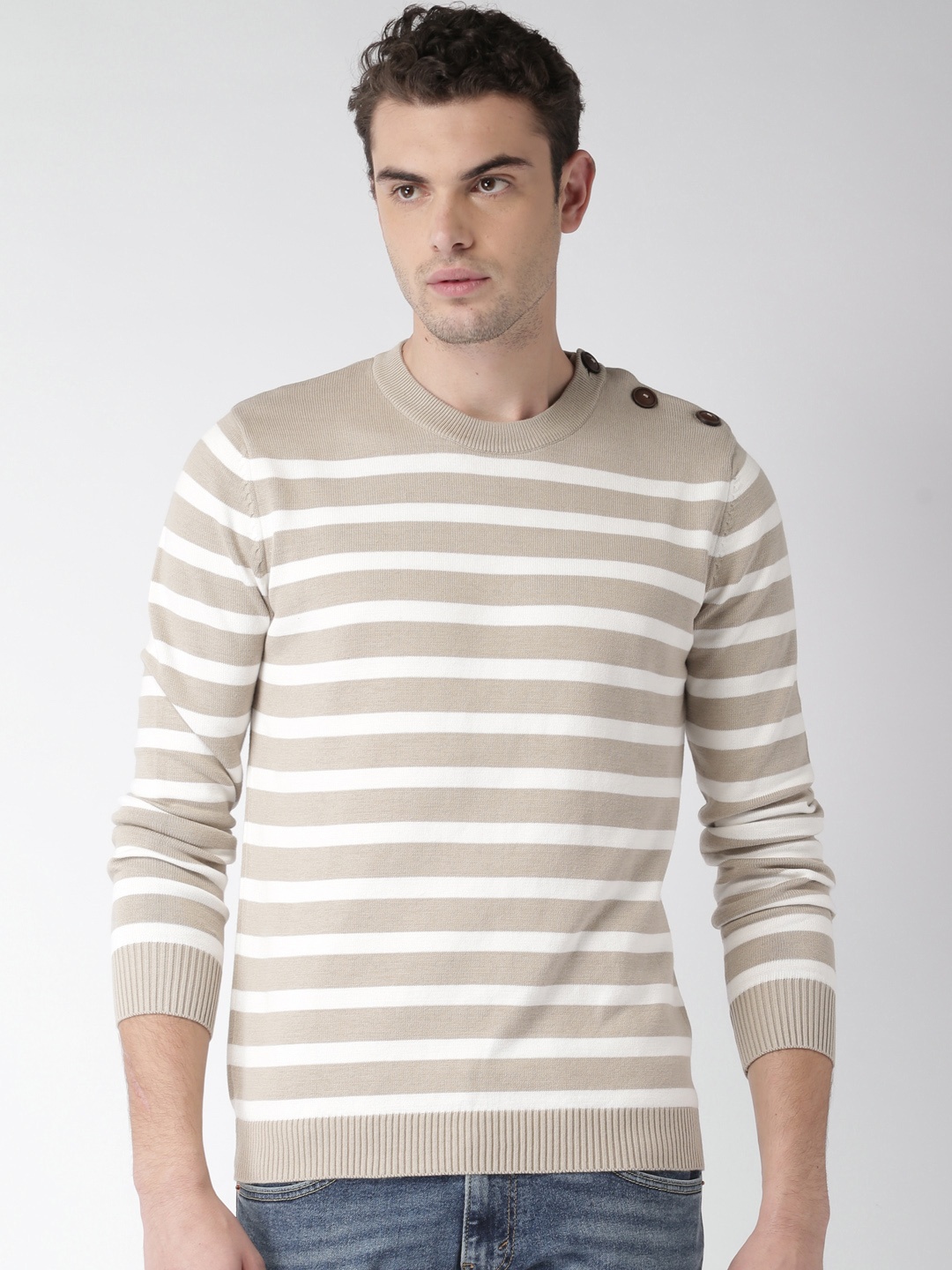 

Celio Men Beige & White Striped Pullover