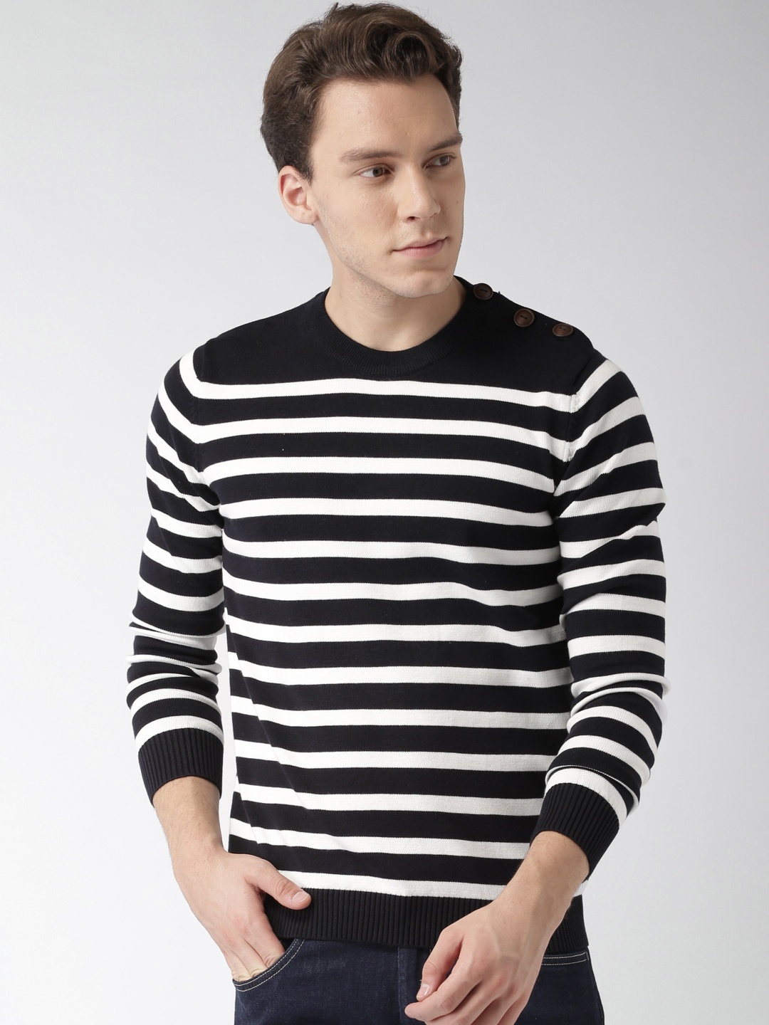 

Celio Men Navy Blue & White Striped Pullover