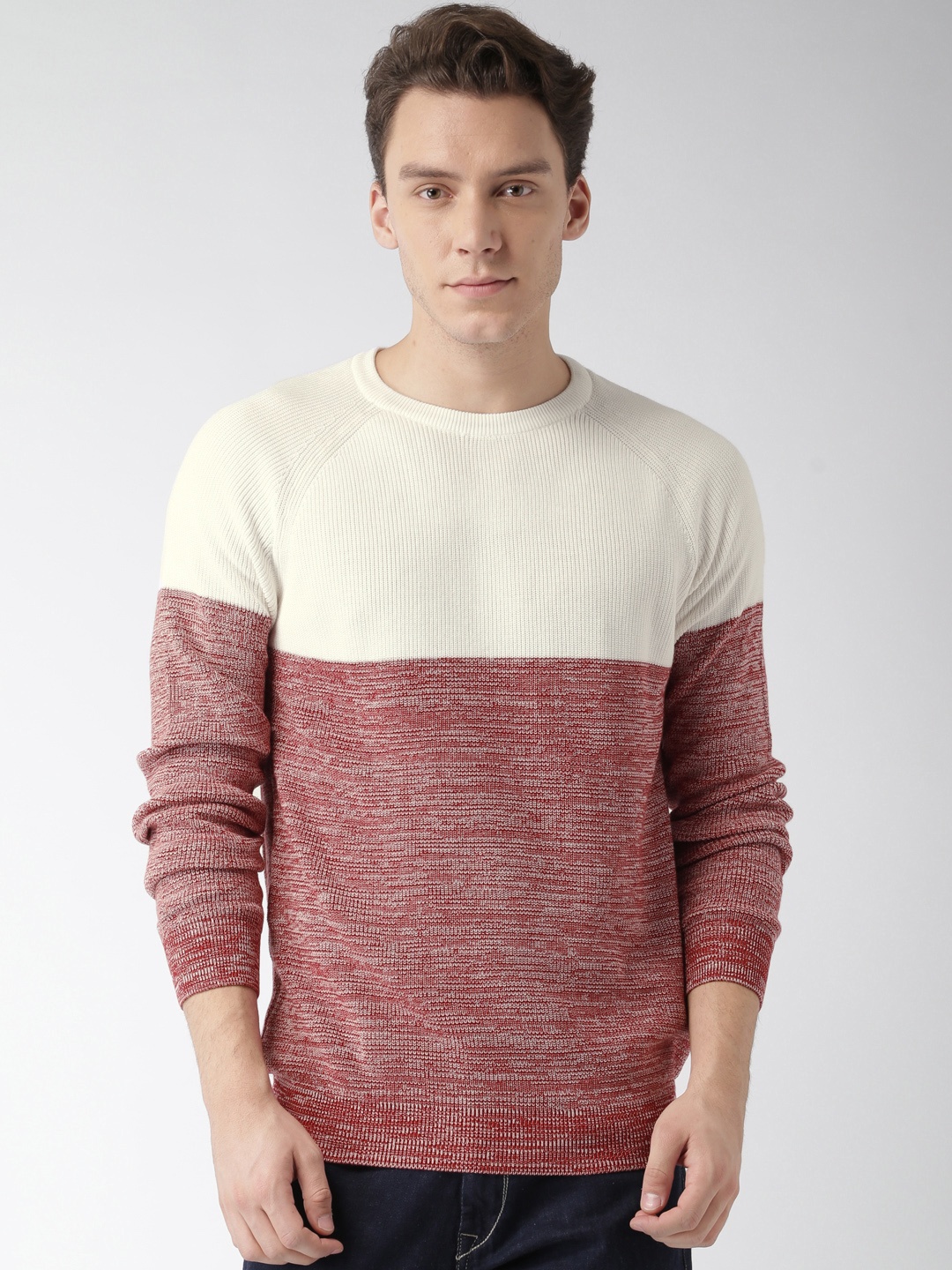 

Celio Men Red & White Colourblocked Pullover