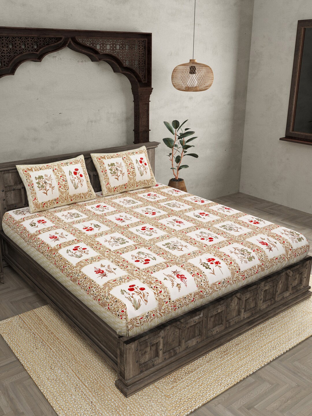 

JAIPUR FABRIC Floral Frame Brown & Red 240 TC Cotton Queen Bedsheet & 2 Pillow Covers