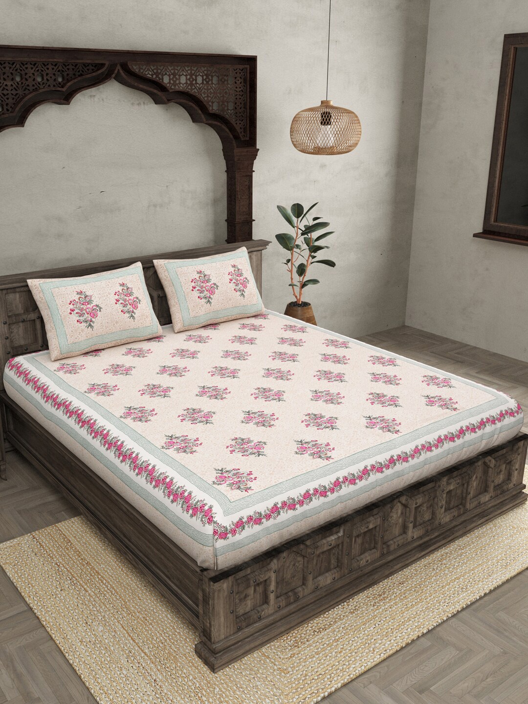 

JAIPUR FABRIC Pink & Beige 240 TC Cotton Queen Bedsheet With 2 Pillow Covers