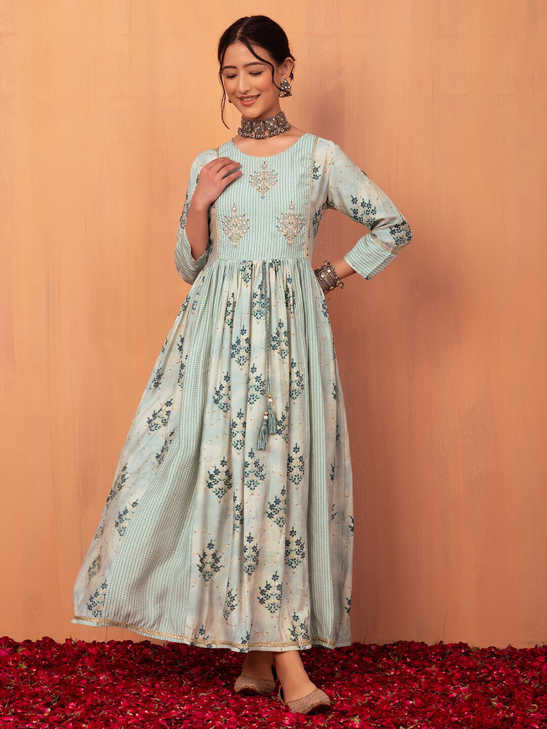

INDYA Ethnic Motif Printed Fit & Flare Maxi Ethnic Dress, Blue