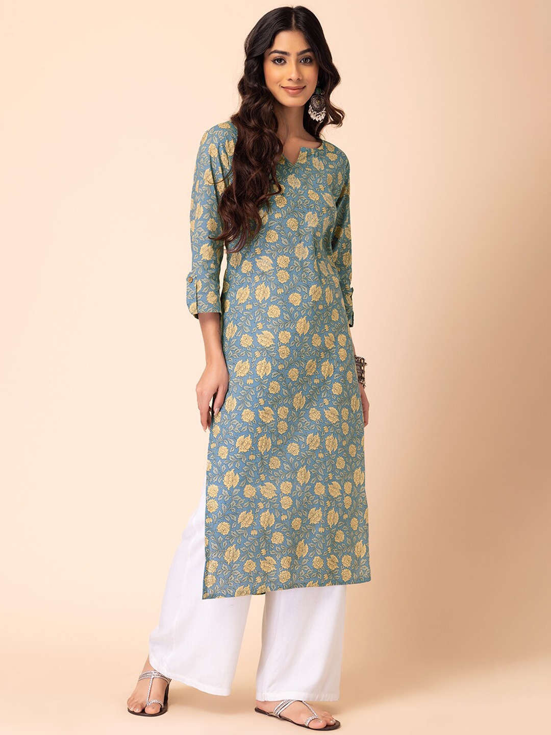 

INDYA Floral Printed Roll Up Sleeves Pure Cotton Kurta, Blue