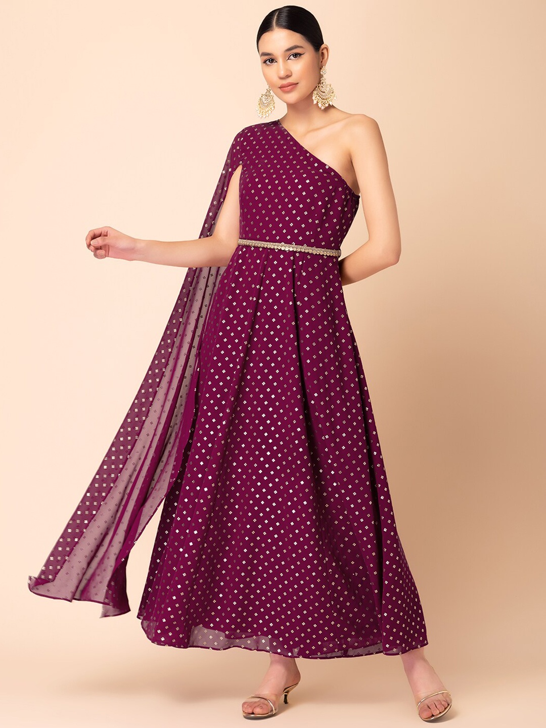 

INDYA Foil Printed One Shoulder Ethnic Dress With Belt, Purple