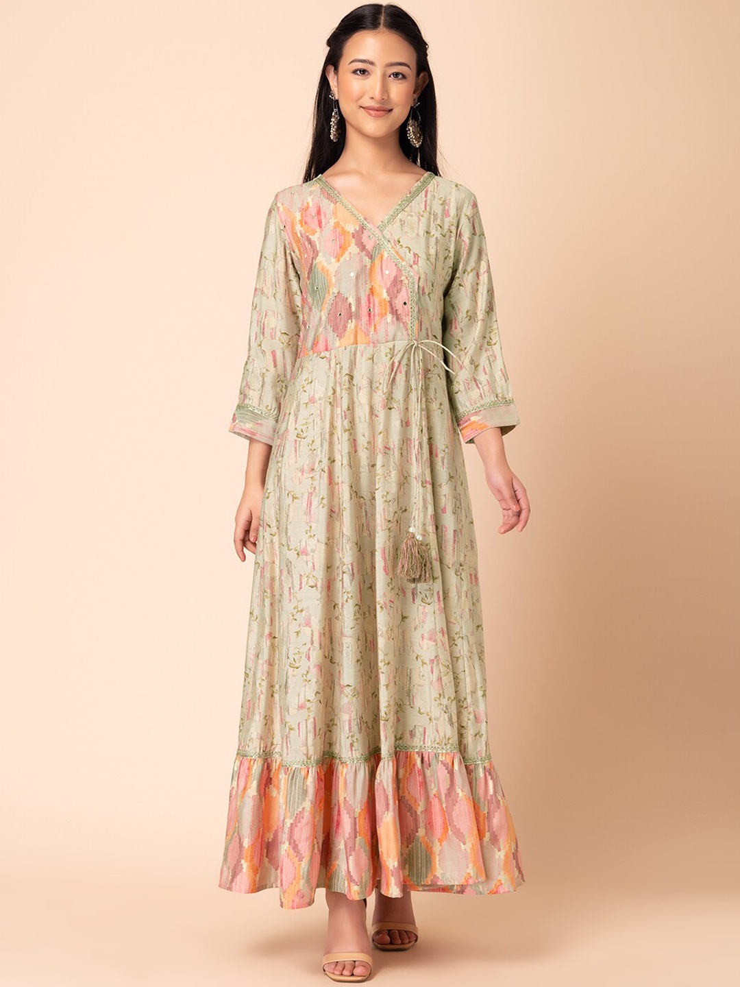 

INDYA Floral Printed Mirror Work Angrakha Kurta, Beige
