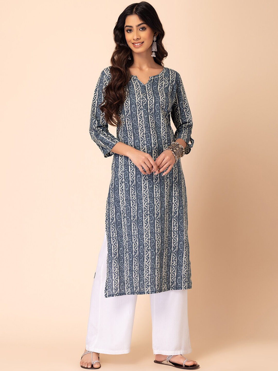 

INDYA Batik Printed Pure Cotton Straight Kurta, Grey
