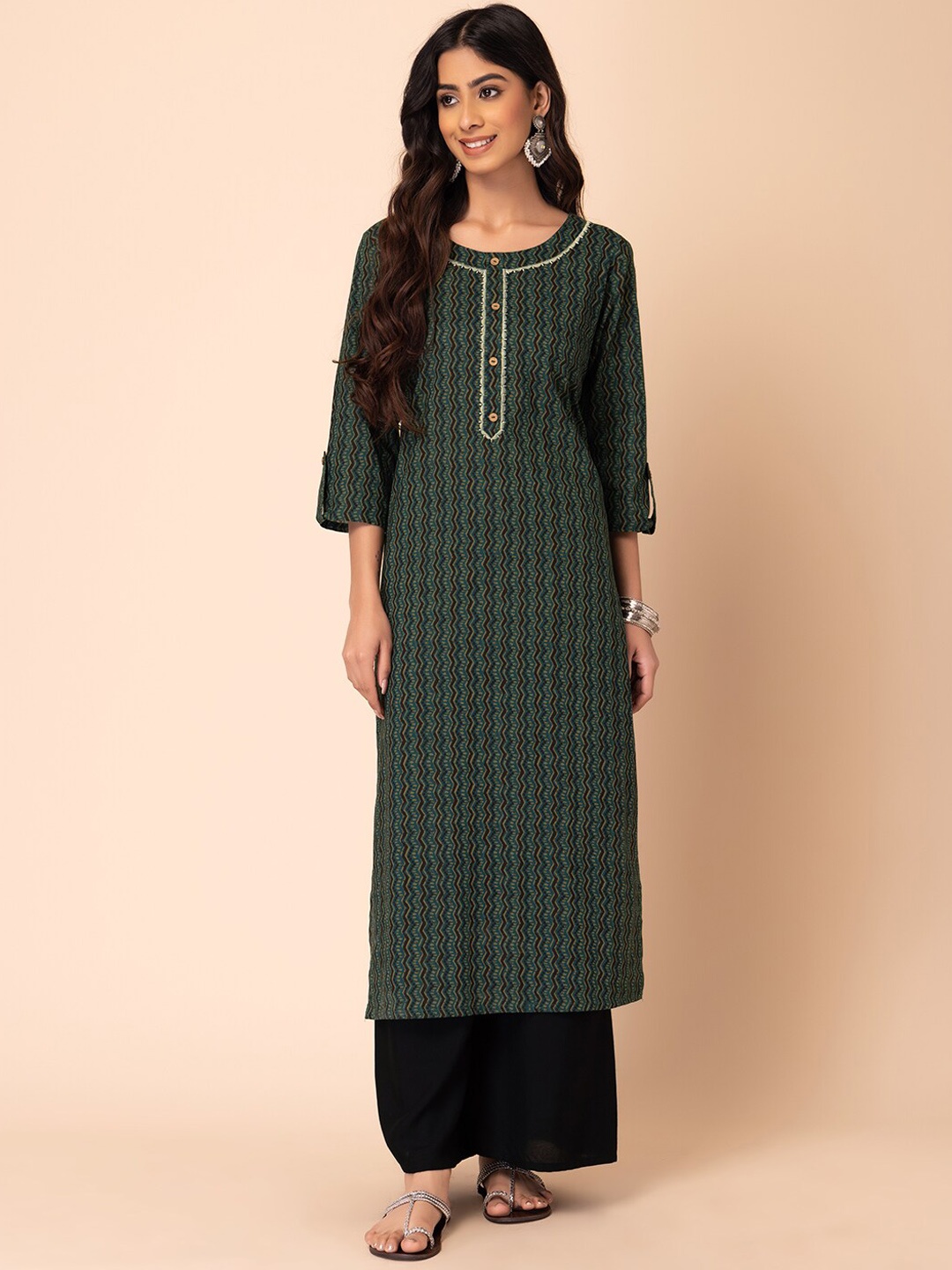 

INDYA Geometric Batik Printed Cotton Straight Kurta, Green