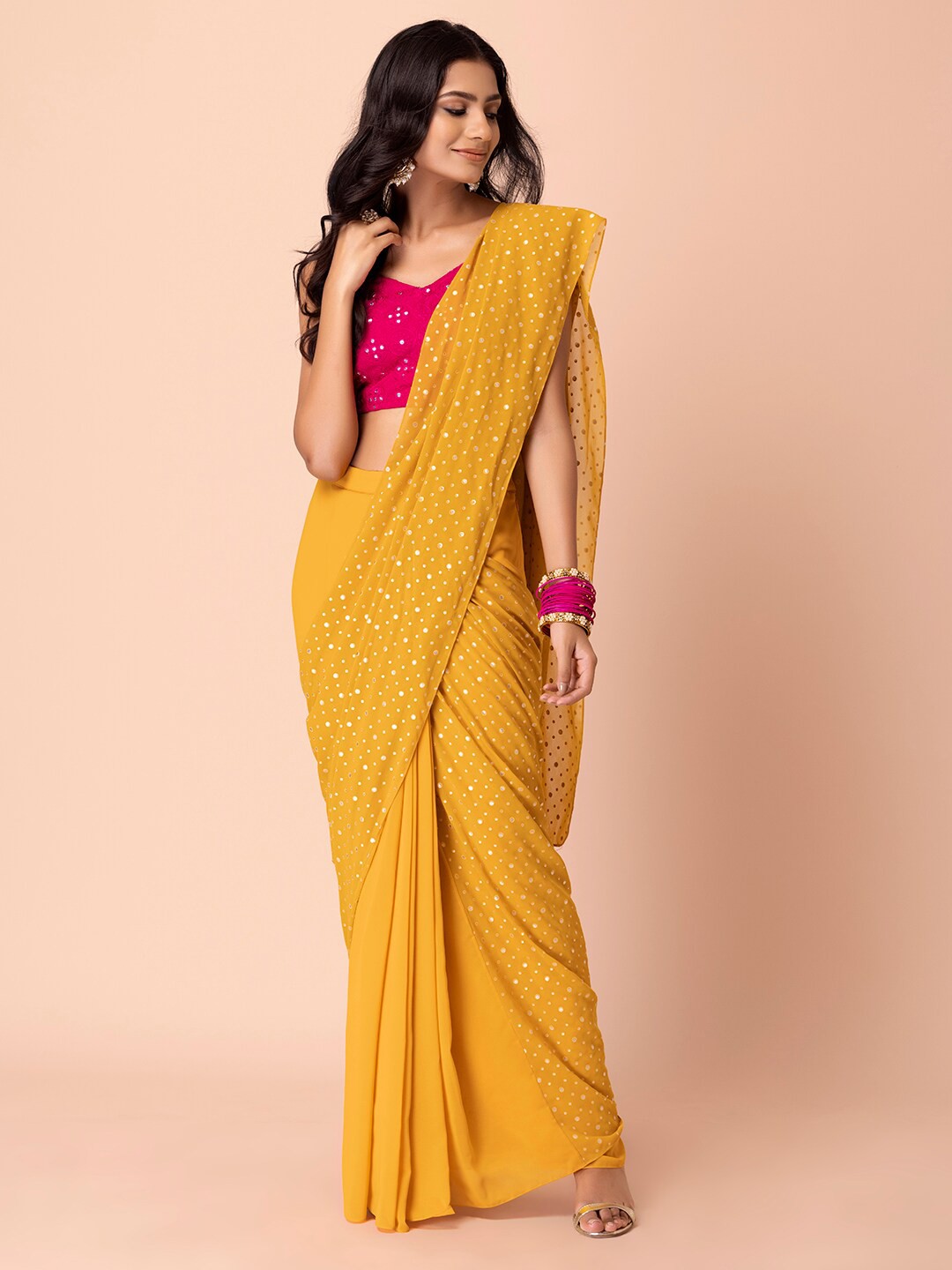 

INDYA Foil Printed Ready To Wear Saree, Yellow