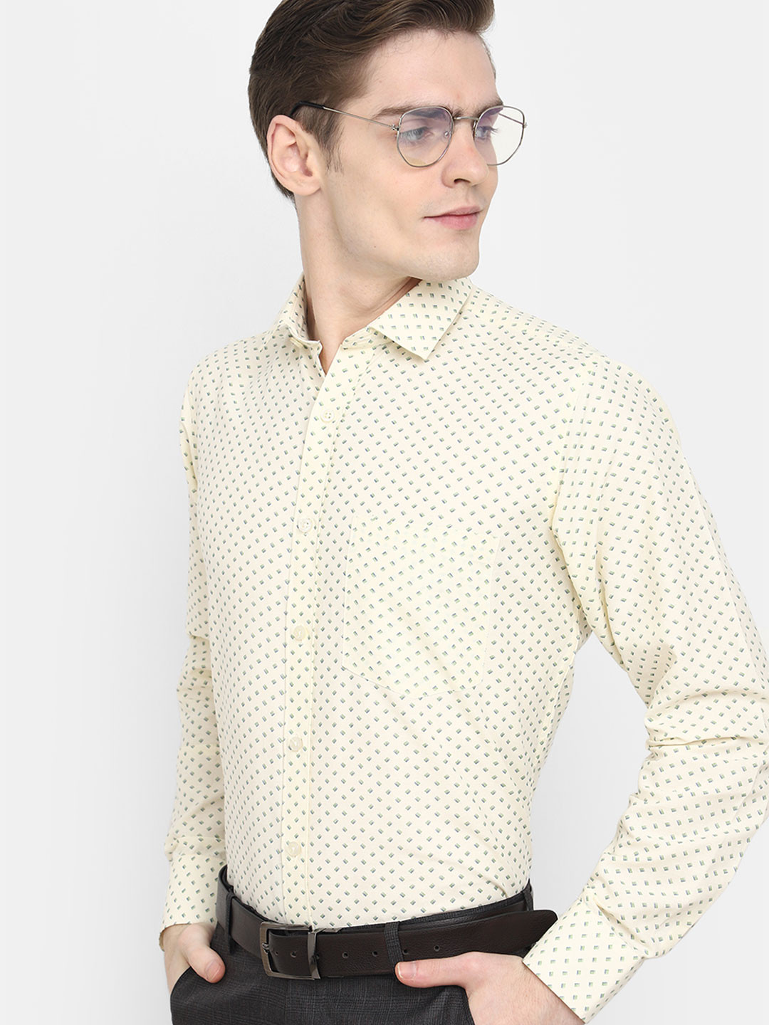 

J White by Vmart Printed Spread Collar Popline Formal Shirt, Yellow