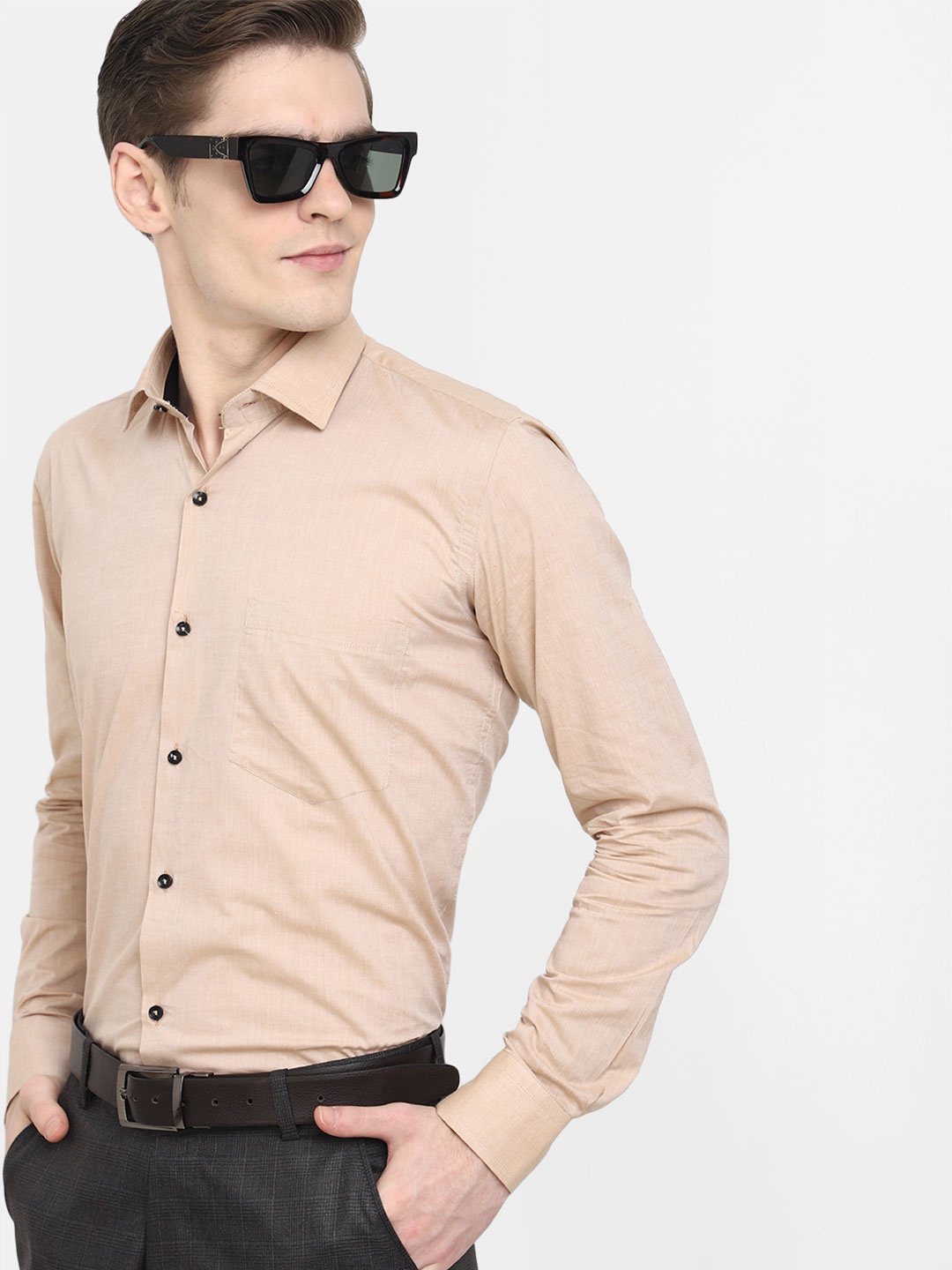 

J White by Vmart Long Sleeves Spread Collar Formal Cotton Shirt, Beige