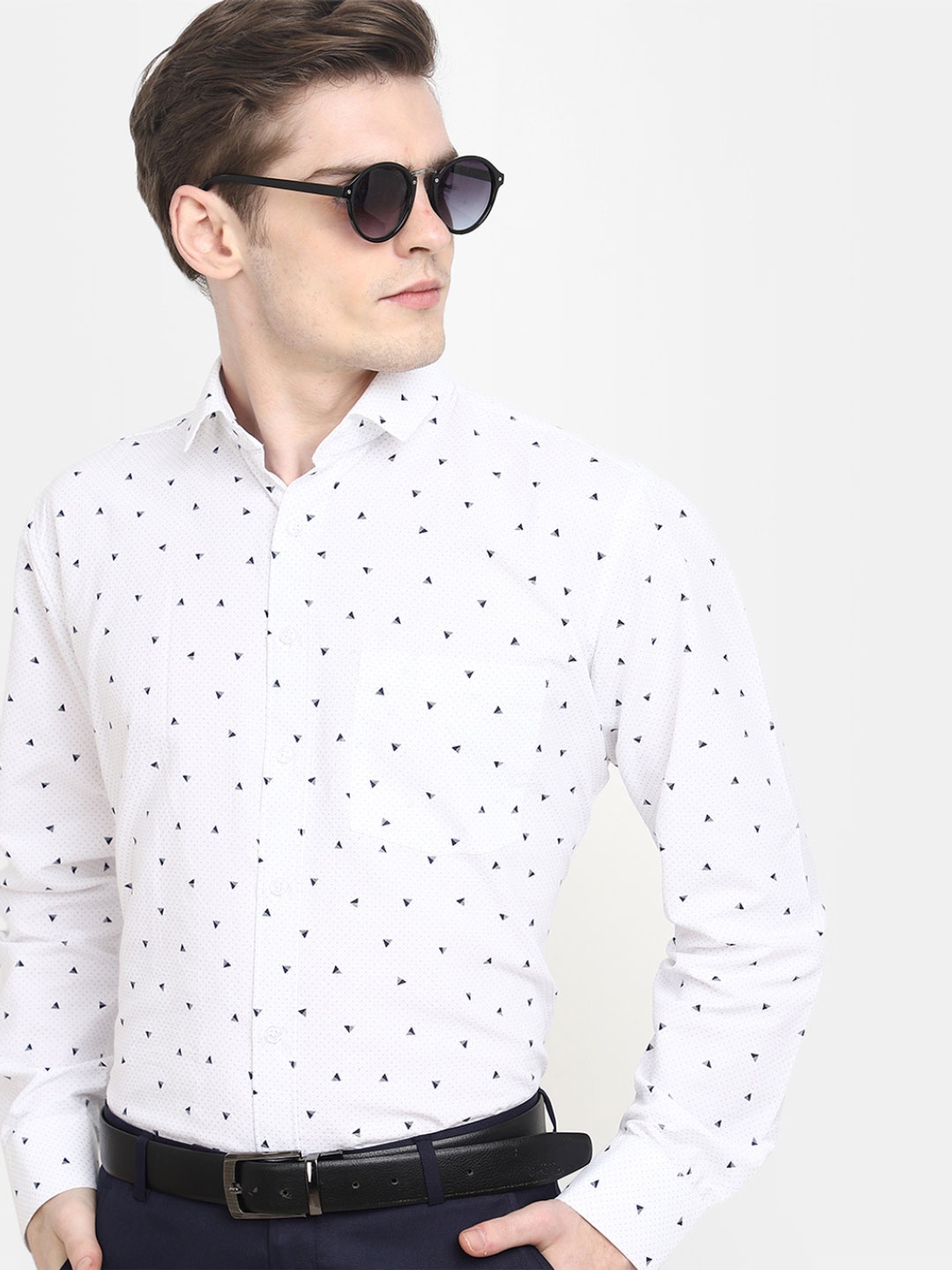 

J White by Vmart Long Sleeves Geometric Printed Spread Collar Cotton Formal Shirt