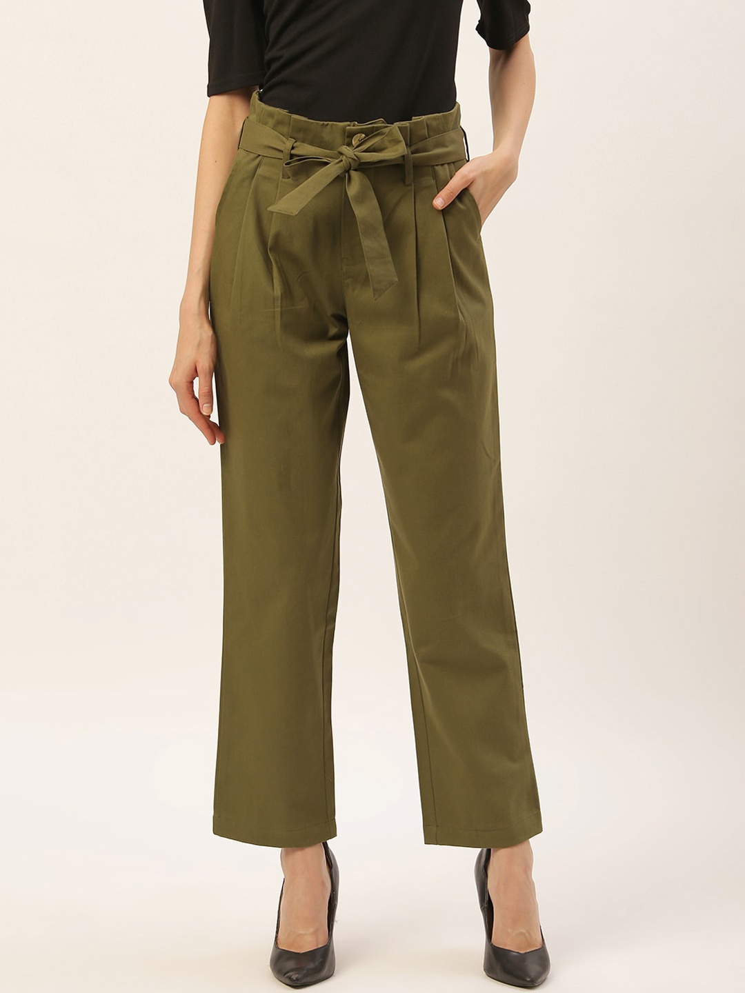 

DressBerry Women Comfort Mid-Rise Pure Cotton Cropped Trousers, Olive