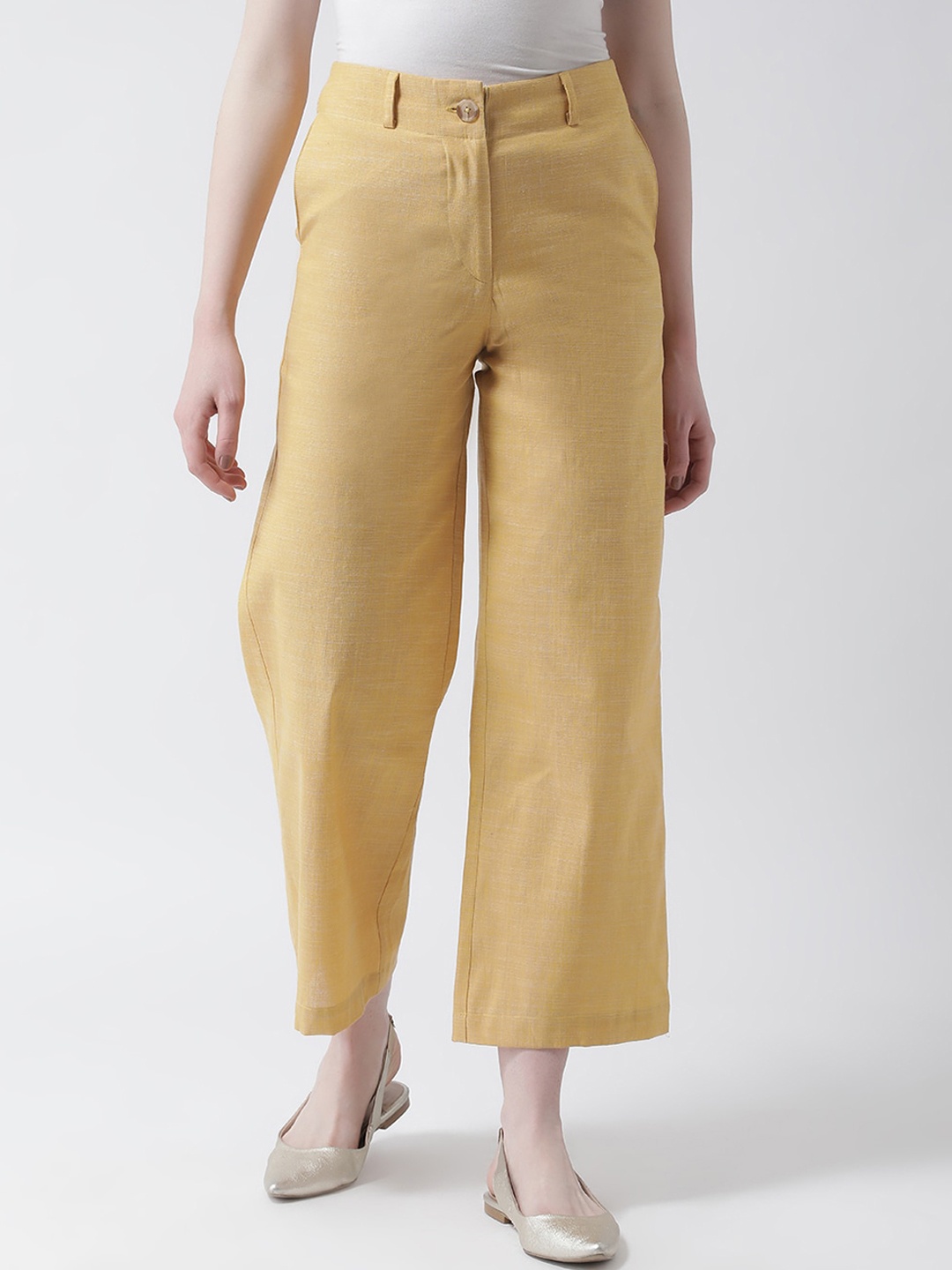 

DressBerry Women Mid-Rise Comfort Pure Cotton Loose Fit Parallel Trousers, Mustard