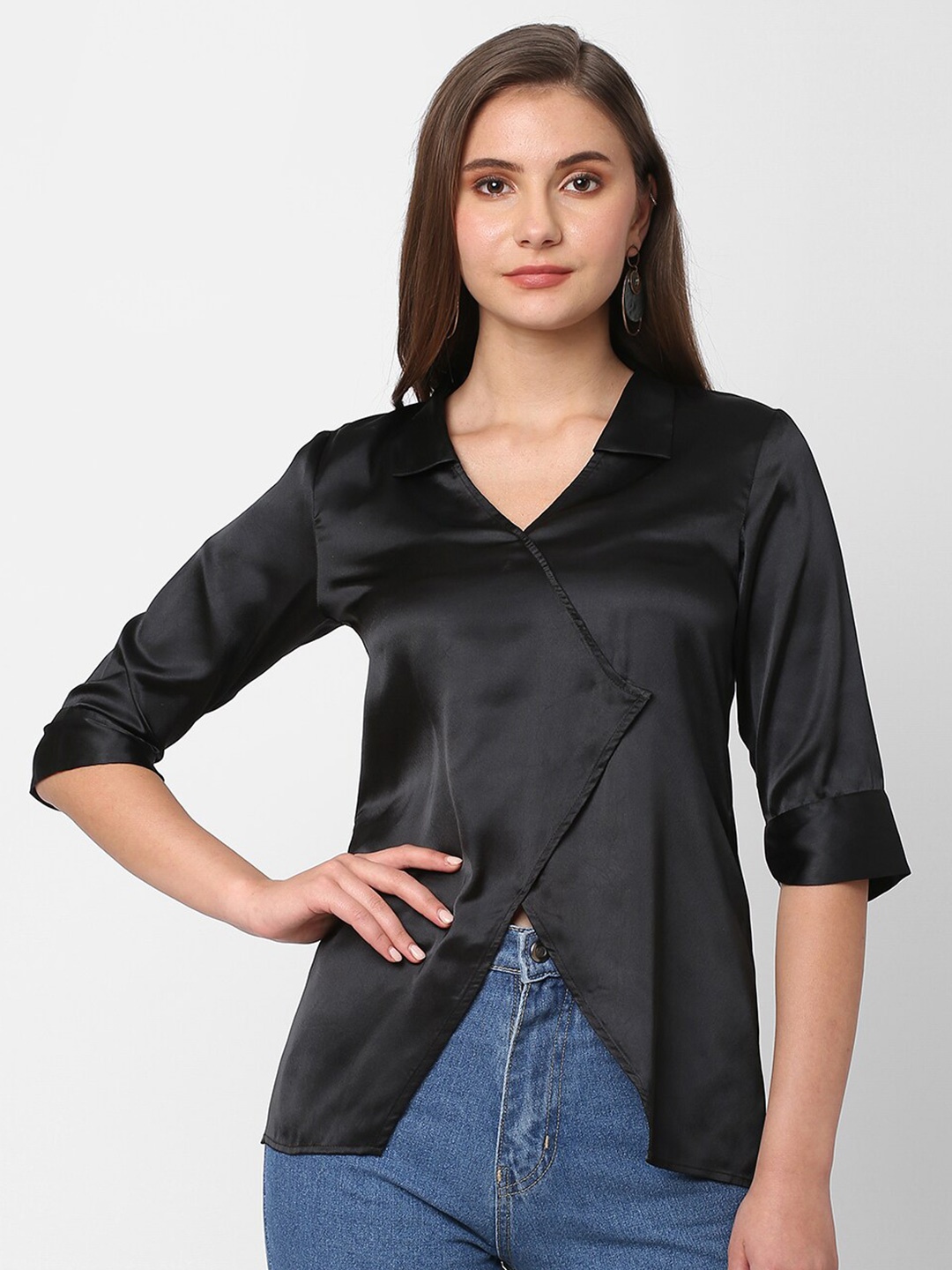 

MISH Shirt Collar Three-Quarter Sleeves Wrap Top, Black