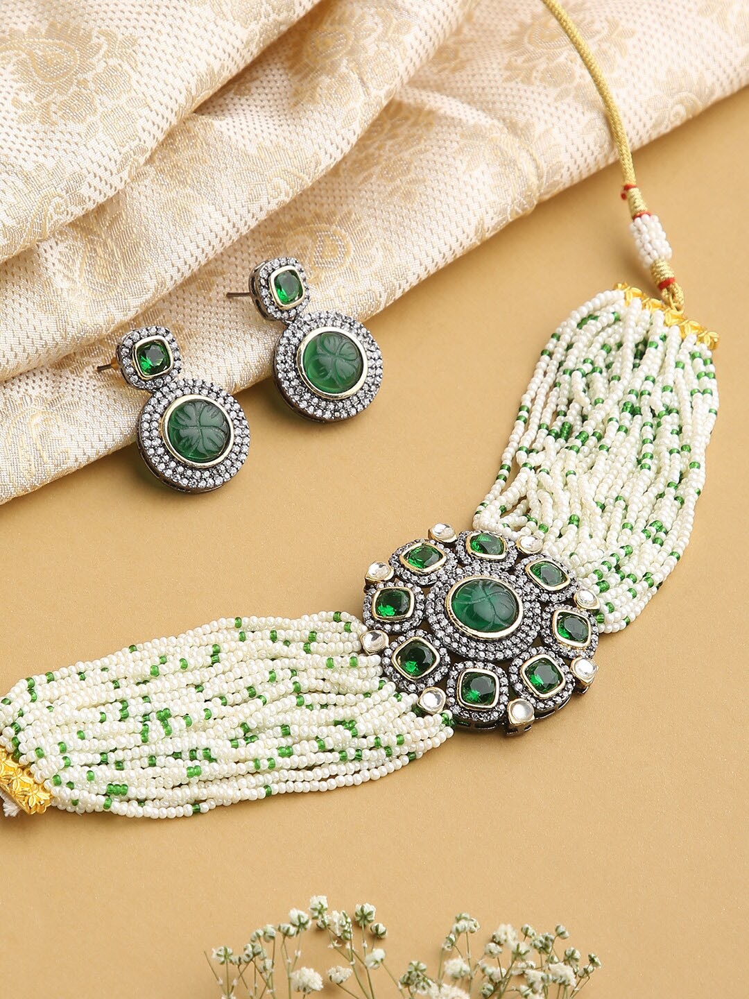 

justpeachy Stone Studded & Beaded Jewellery Set, Gold
