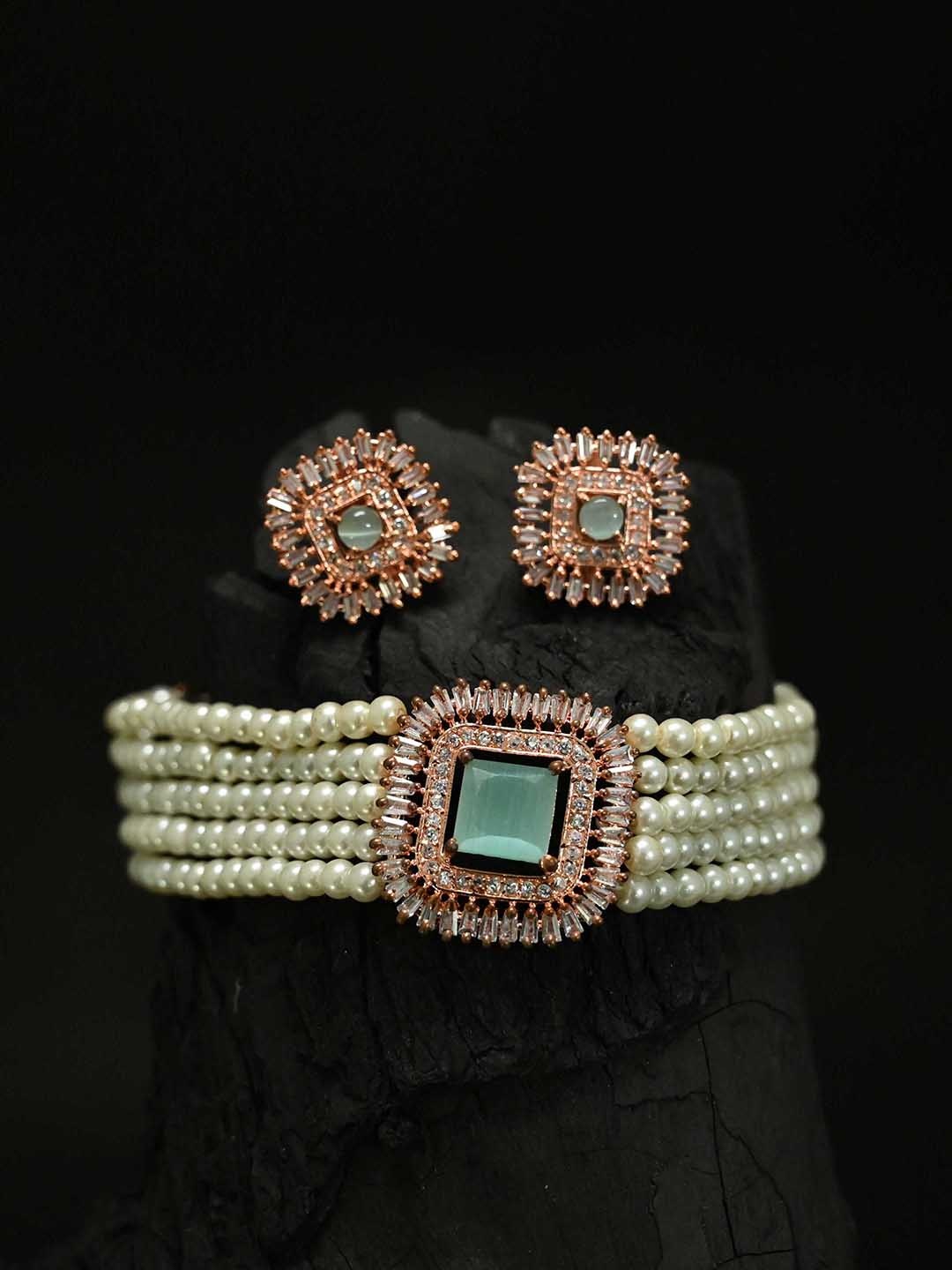 

justpeachy Rose Gold-Plated AD Studded & Beaded Jewellery Set