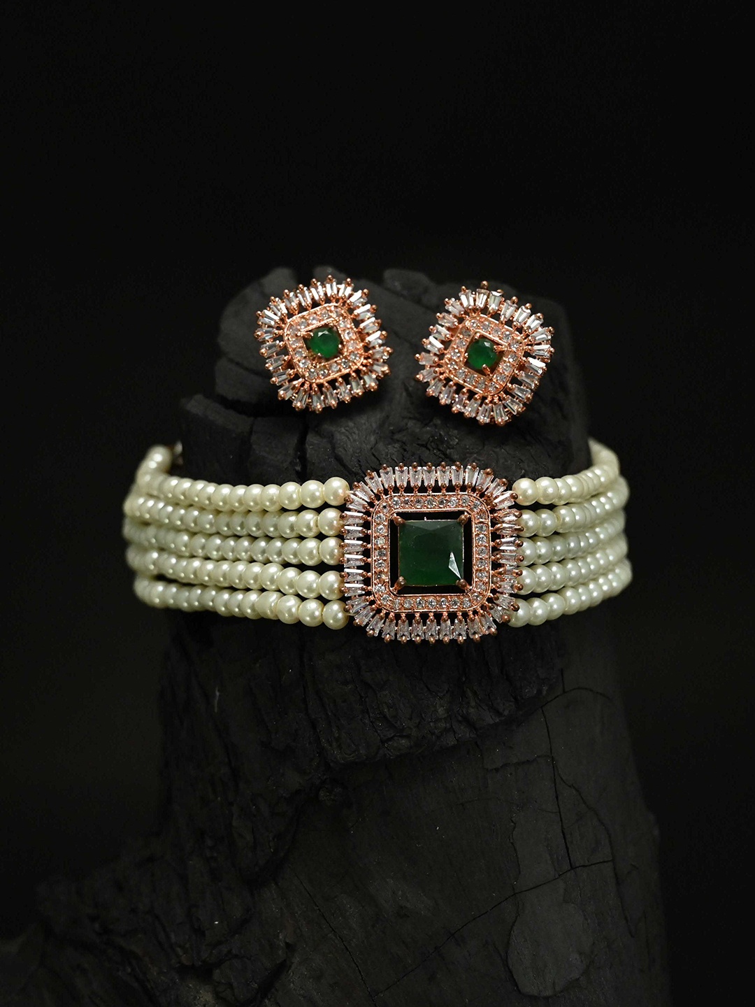 

justpeachy Rose Gold-Plated Stone Studded & Beaded Jewellery Set, Green