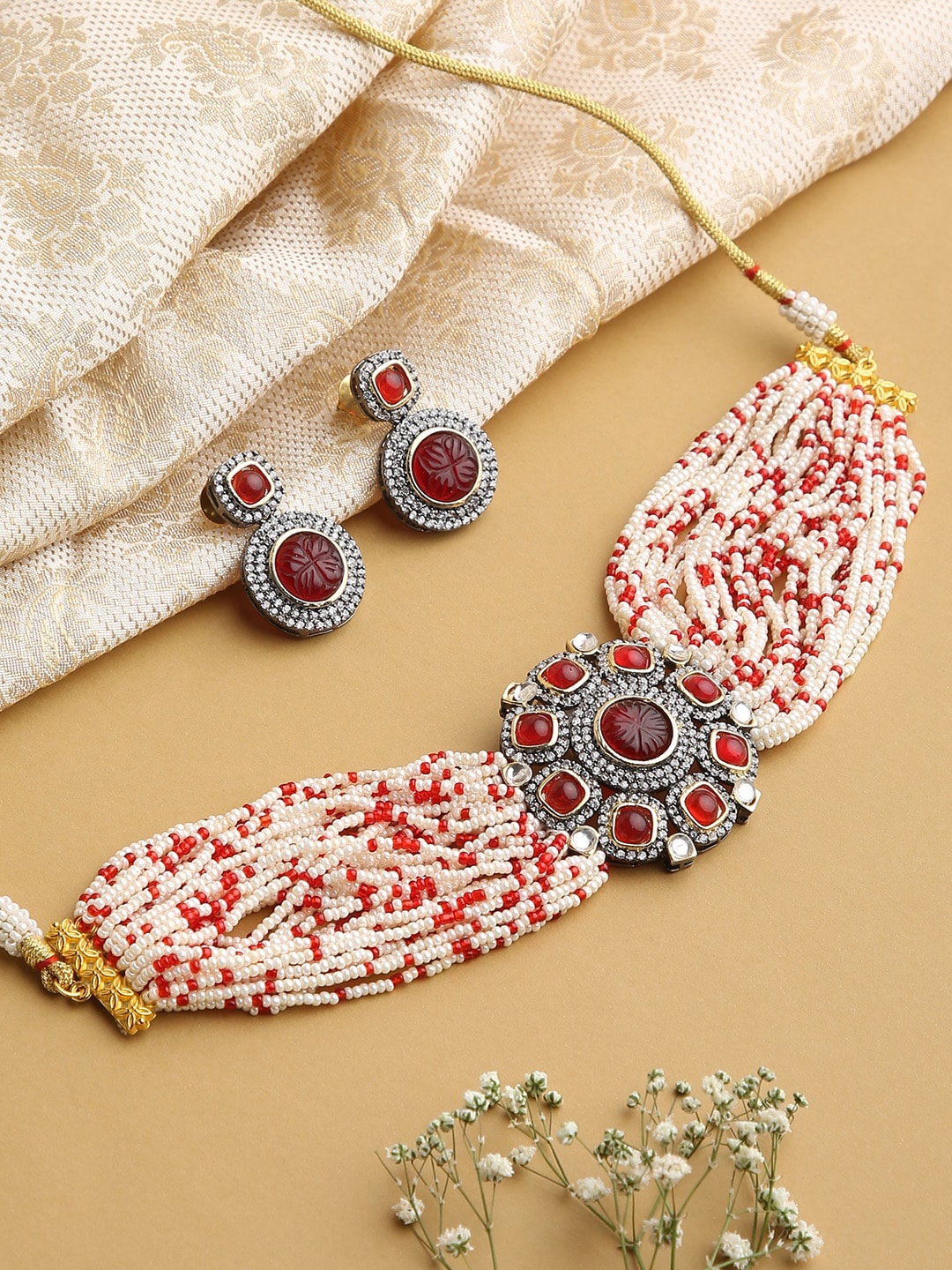 

justpeachy Stone Studded & Beaded Jewellery Set, Gold