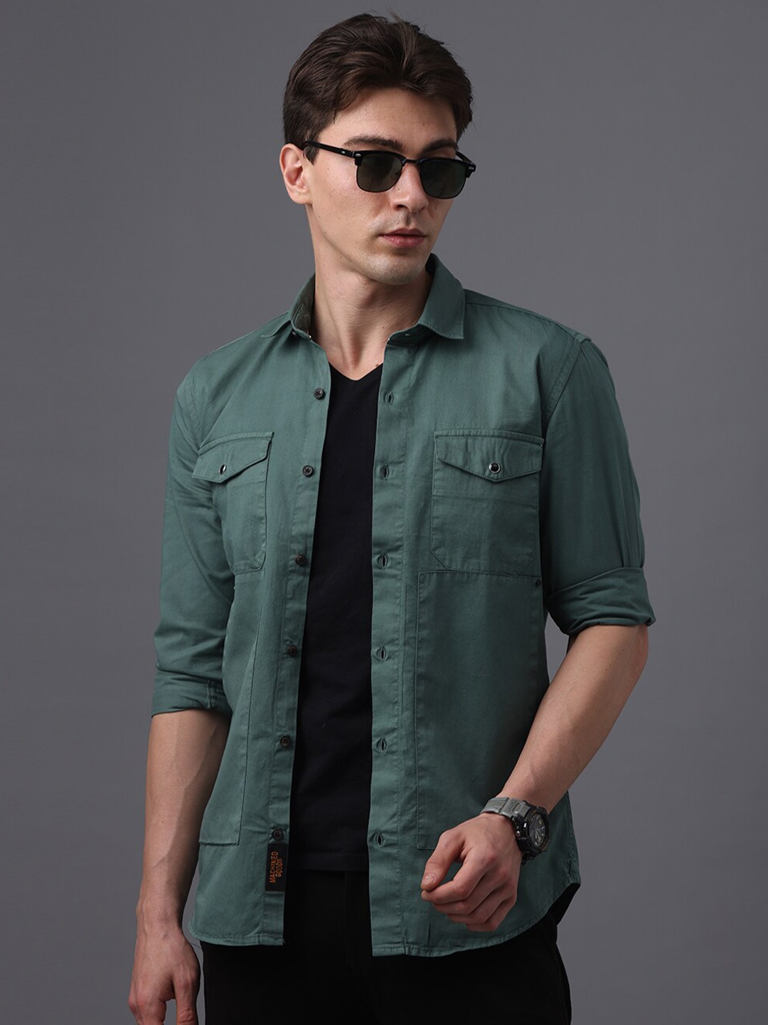 

FOGA New Printed New Spread Collar Flap Pockets Pure Cotton Casual Shirt, Green