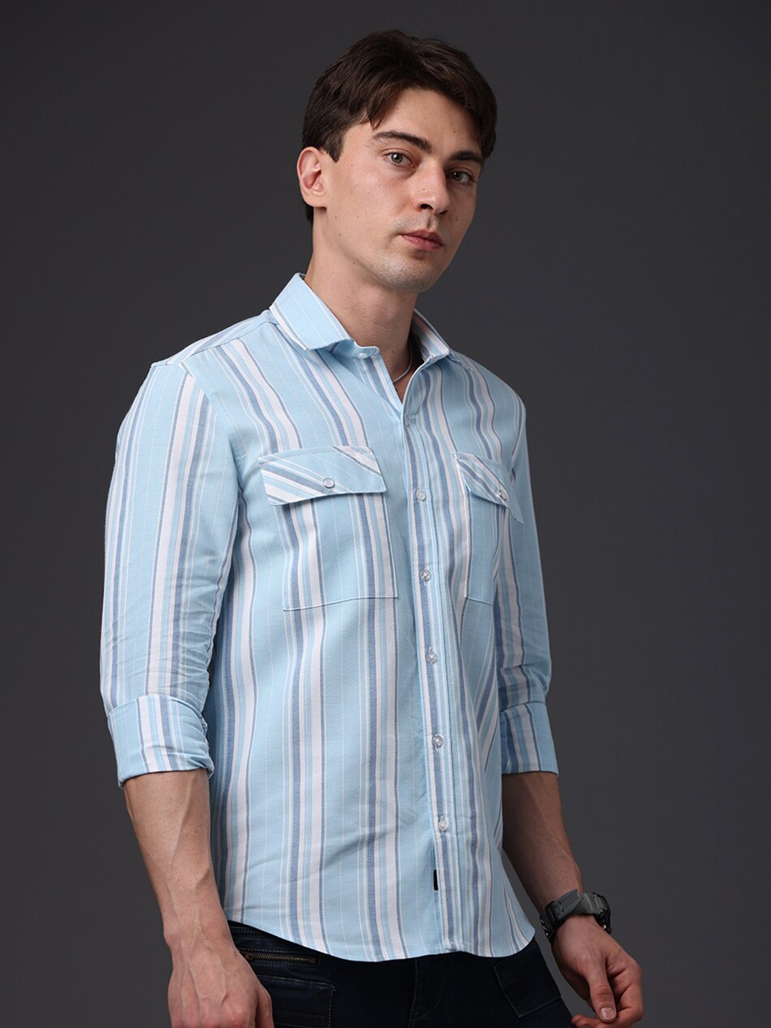 

FOGA Spread Collar Striped Cotton Casual Shirt, Blue