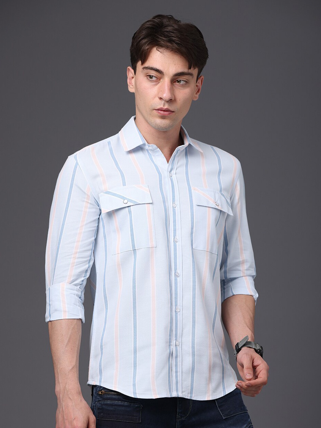 

FOGA New OXFORD Horizontal Stripes Flap Pockets Pure Cotton Shirt, Blue