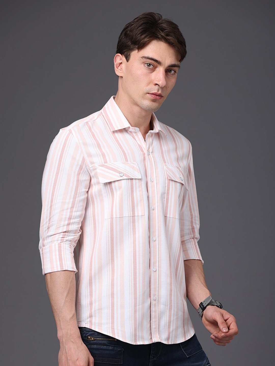 

FOGA New OXFORD Horizontal Stripes Flap Pockets Pure Cotton Shirt, Peach