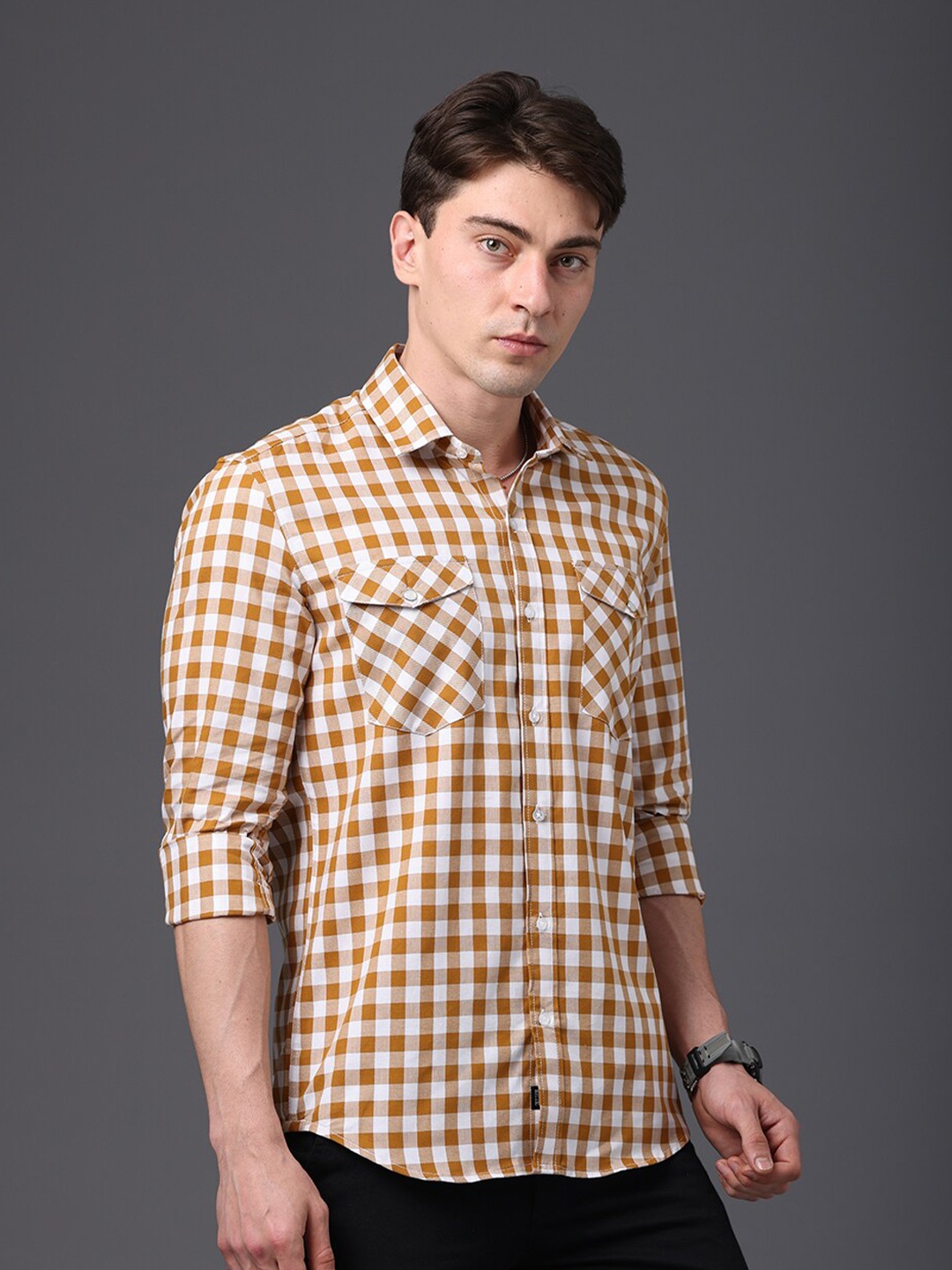

FOGA New Gingham Checked Flap Pockets Pure Cotton Shirt, Brown