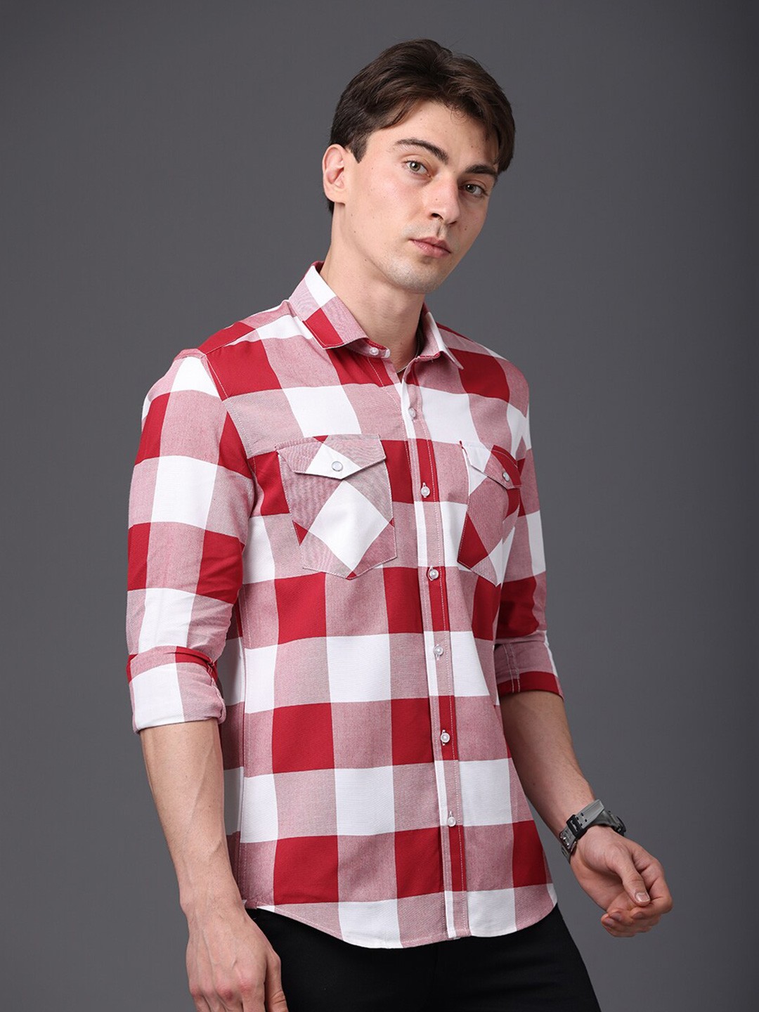 

FOGA Checked Spread Collar Pure Cotton Casual Shirt, Red