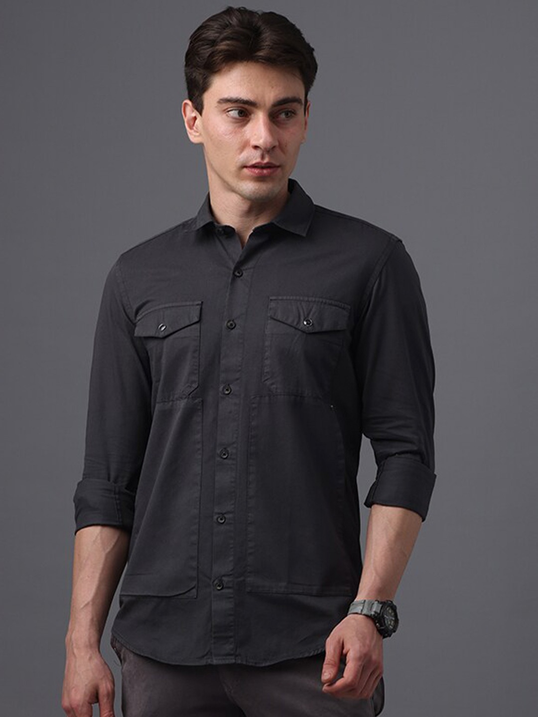 

FOGA Spread Collar Pure Cotton Casula Shirt, Grey