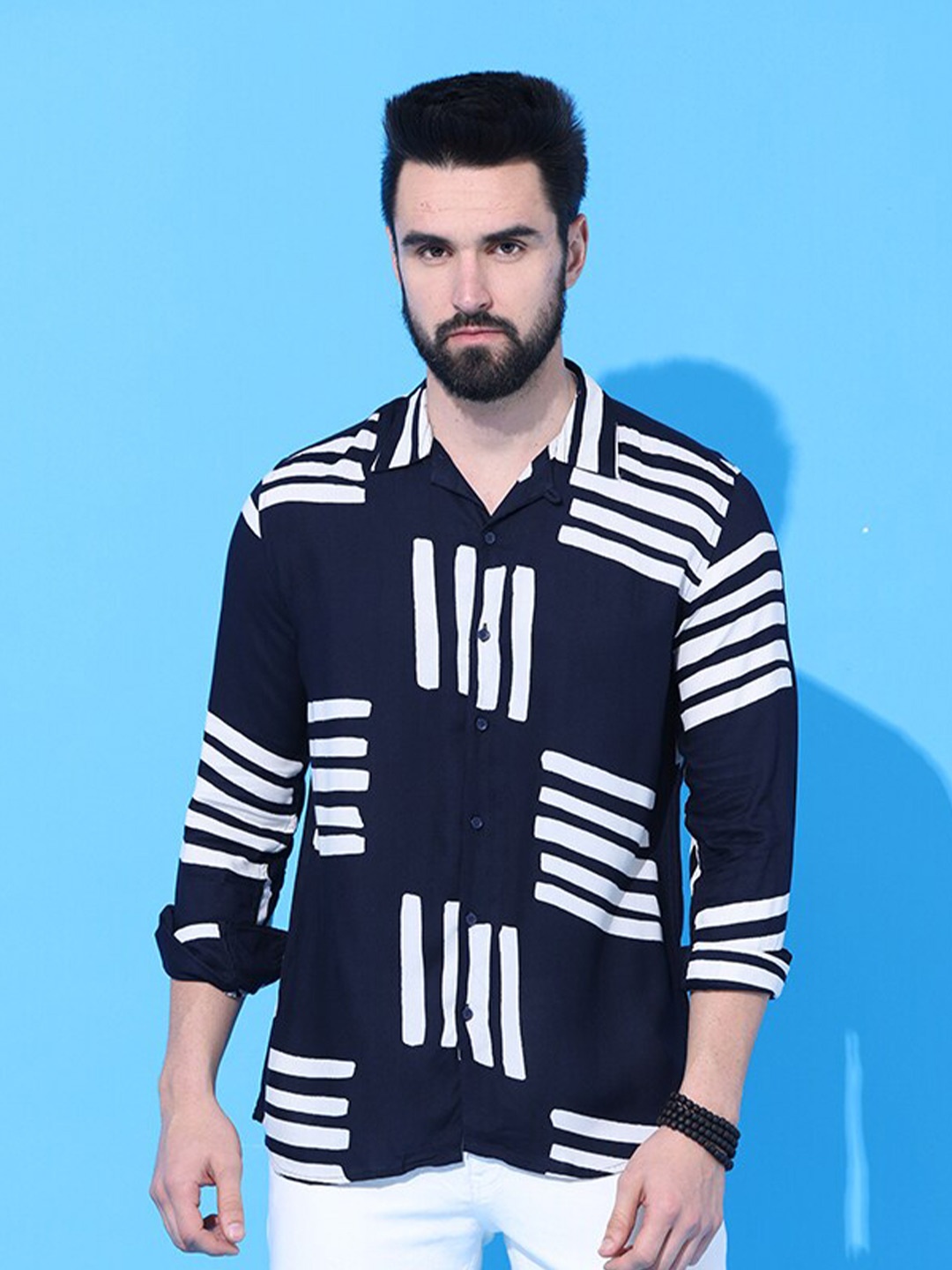 

FOGA Striped Spread Collar Casual Shirt, Navy blue