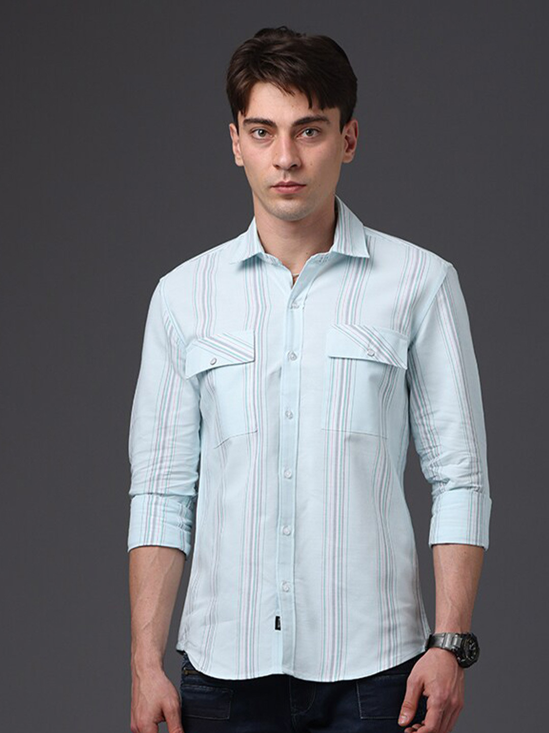 

FOGA Vertical Stripes Spread Collar Pure Cotton Casual Shirt, Blue