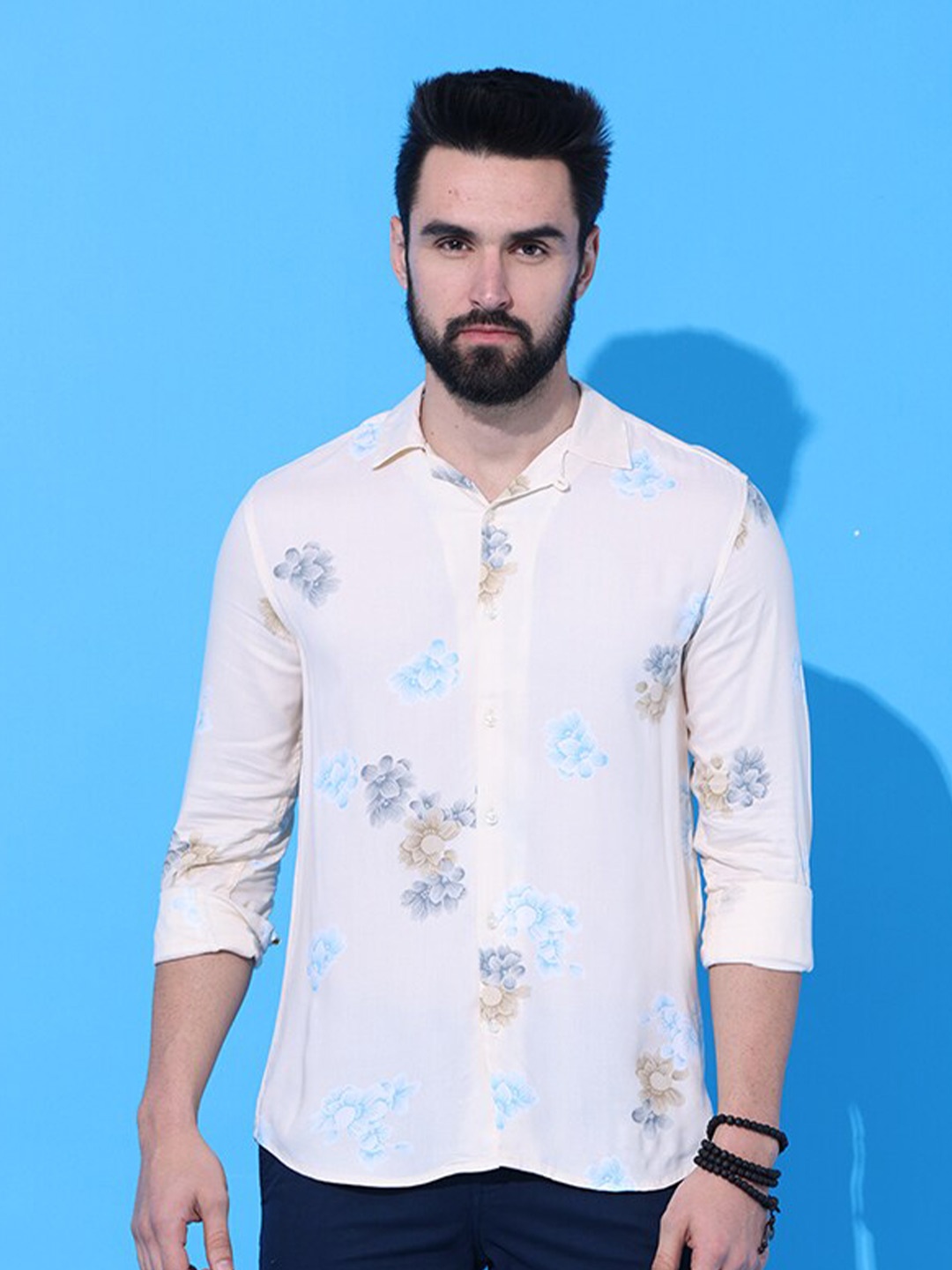 

FOGA Floral Printed Spread Collar Casual Shirt, Cream
