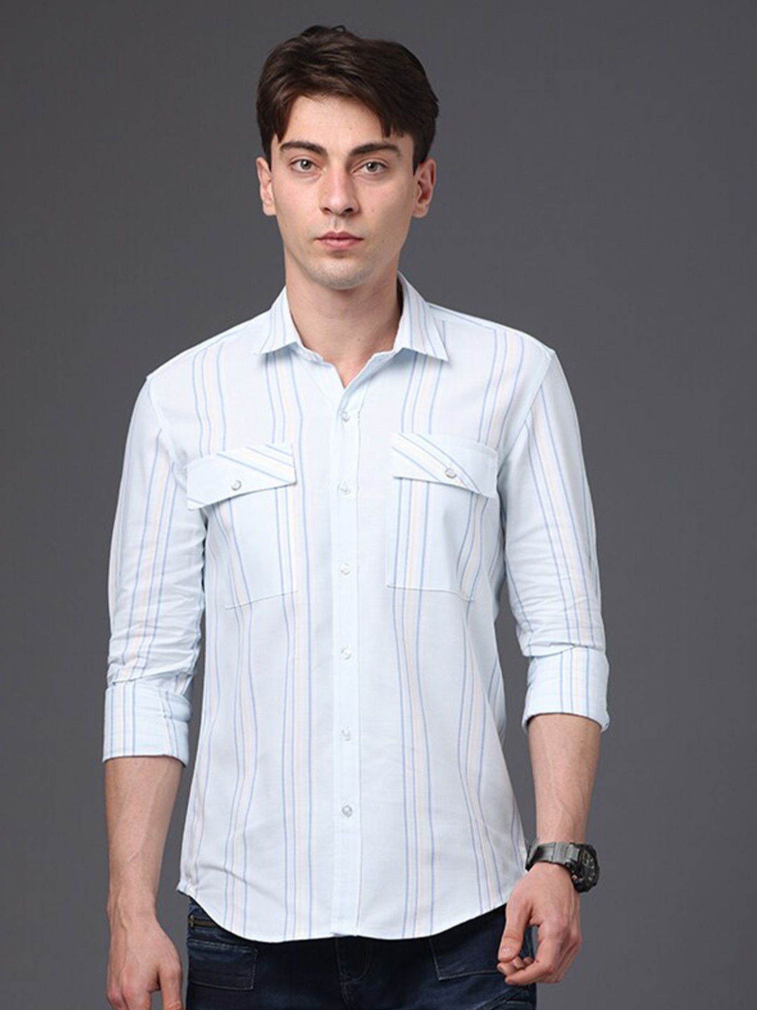 

FOGA Vertical Stripes Spread Collar Pure Cotton Casual Shirt, Cream